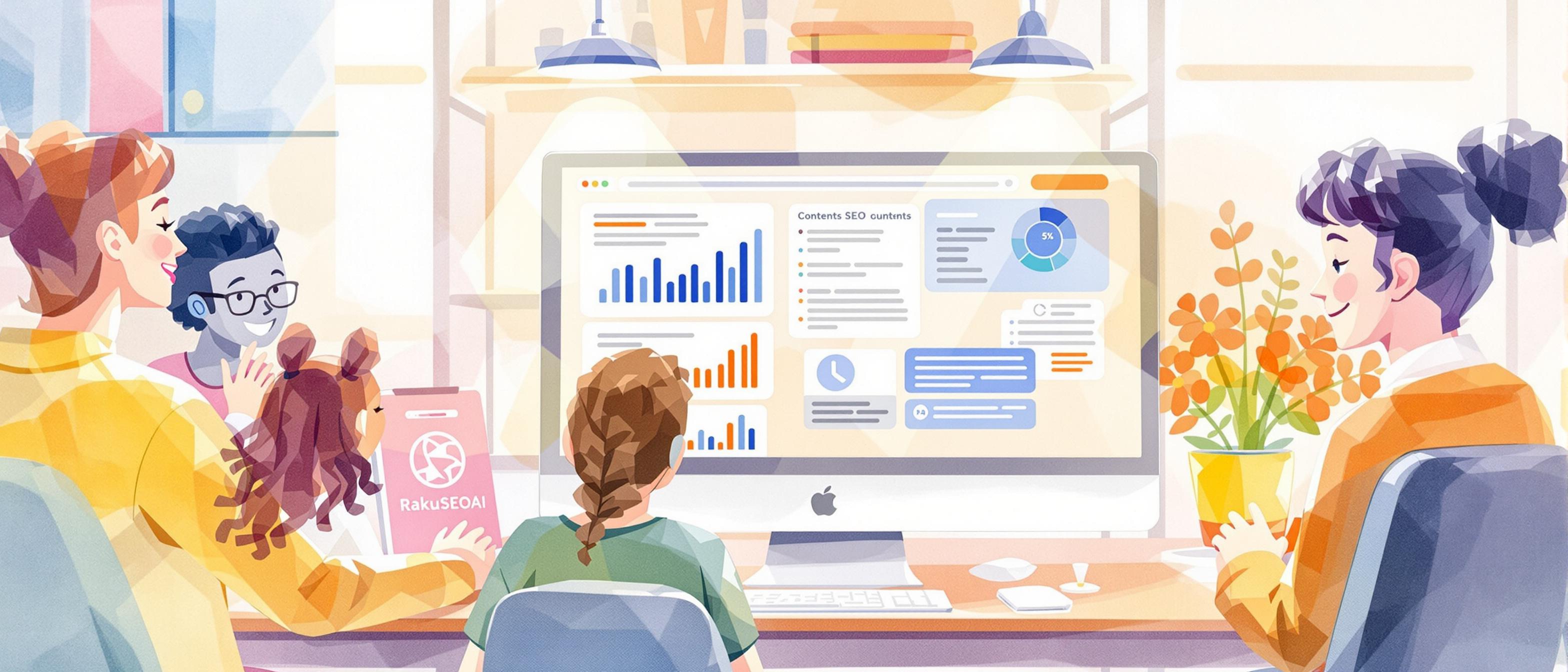/ Watercolor style illustration of an AI-powered tool assisting a diverse small team in creating SEO content. Show a friendly AI interface on a computer with charts, keywords, and content outlines, set in a bright office environment. Include subtle RakuSEOAI branding on the screen.