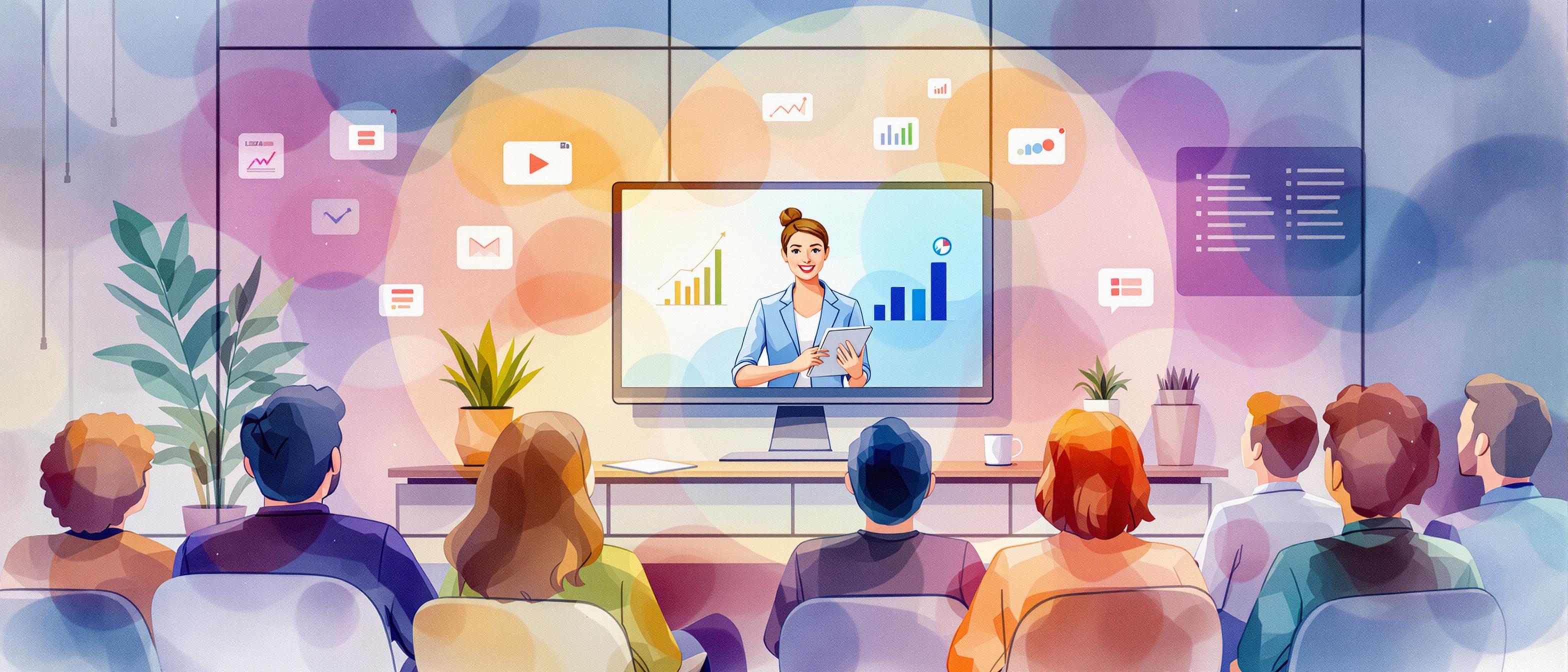 / Watercolor image of a webinar setting with a presenter on screen (computer, tablet, or both), an engaged virtual audience, and icons for data/analytics in the background. Atmosphere should be welcoming and tech-savvy, highlighting online engagement and knowledge sharing.