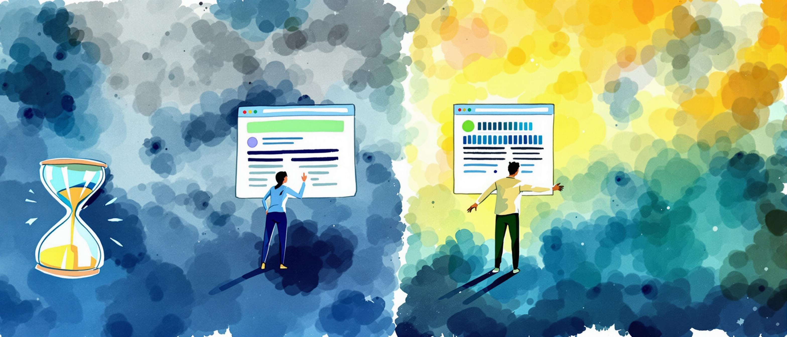 A vivid watercolor illustration depicting two contrasting website user experiences: one with a slow-loading, frustrating webpage (symbolized by an hourglass and an impatient user), and one with a fast, seamless website (symbolized by a swift progress bar and a satisfied user). The background transitions from gloomy blues and grays to uplifting yellows and greens, highlighting the mood difference caused by page speed.