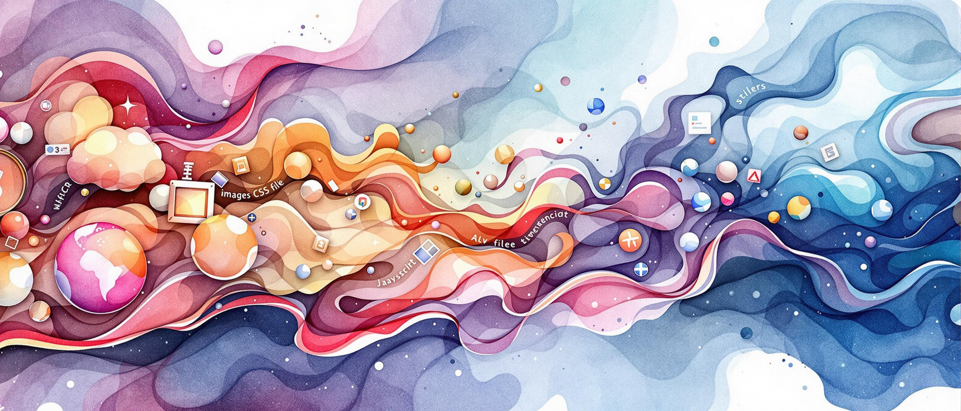 A detailed watercolor representation of website optimization processes: imagery of images, CSS files, and JavaScript elements transforming from bulky, cluttered shapes into streamlined, efficient forms. The background suggests flowing movement and clarity, illustrating the improvement in web performance through optimization techniques.