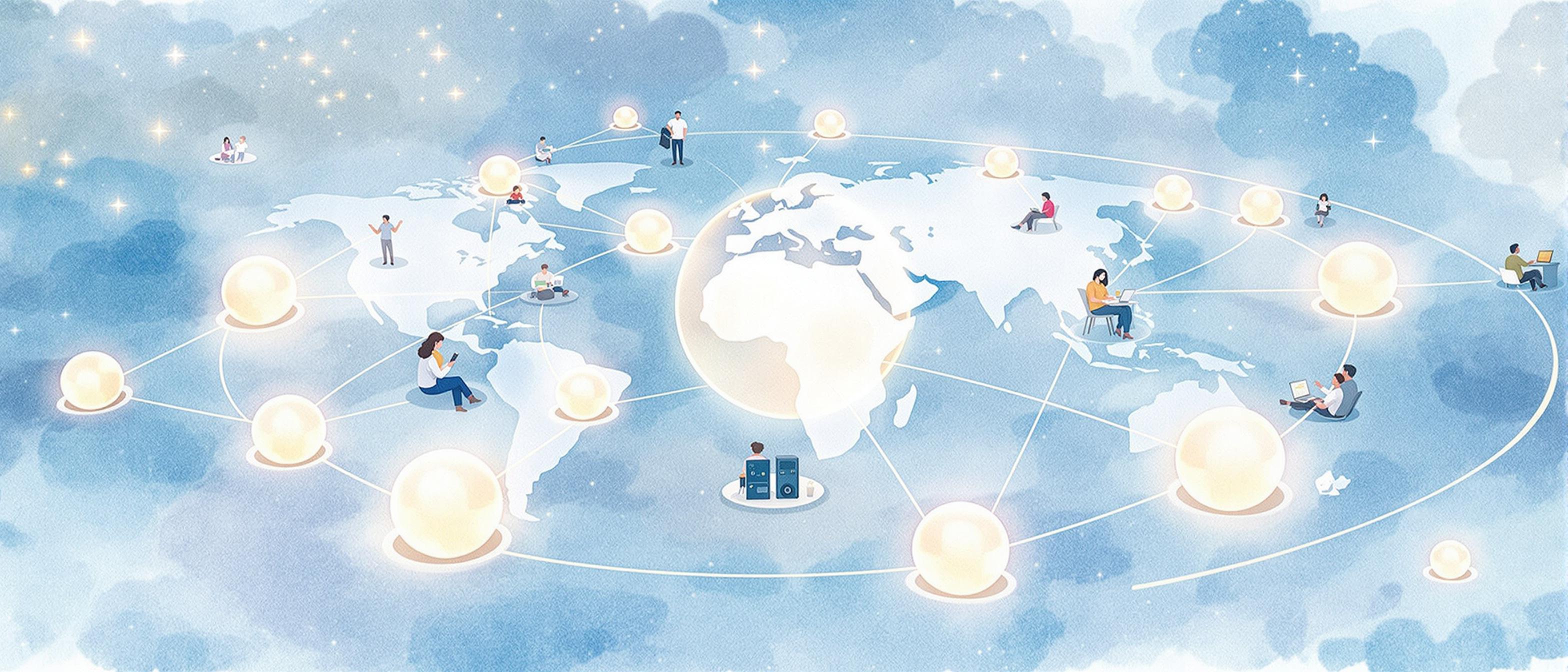 A gentle watercolor scene visualizing worldwide web content delivery: a network of softly glowing server orbs encircling the globe, with radiant lines connecting them to users in diverse settings (homes, cafes, offices). The tone conveys speed, reliability, and global accessibility.