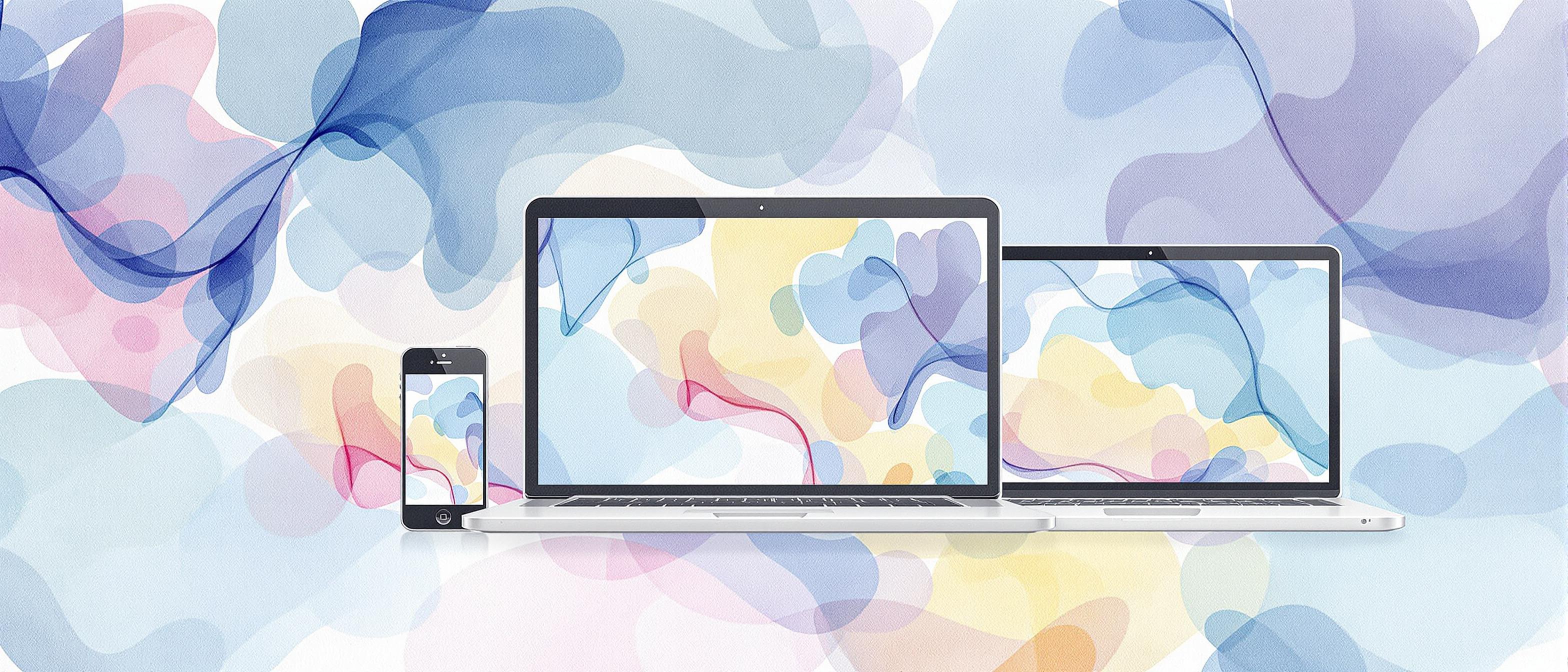 A watercolor illustration depicting the concept of responsive web design: multiple devices (smartphone, tablet, and laptop) showing the same website adapting seamlessly to each screen, with flowing, harmonious colors and a modern, clean feeling.