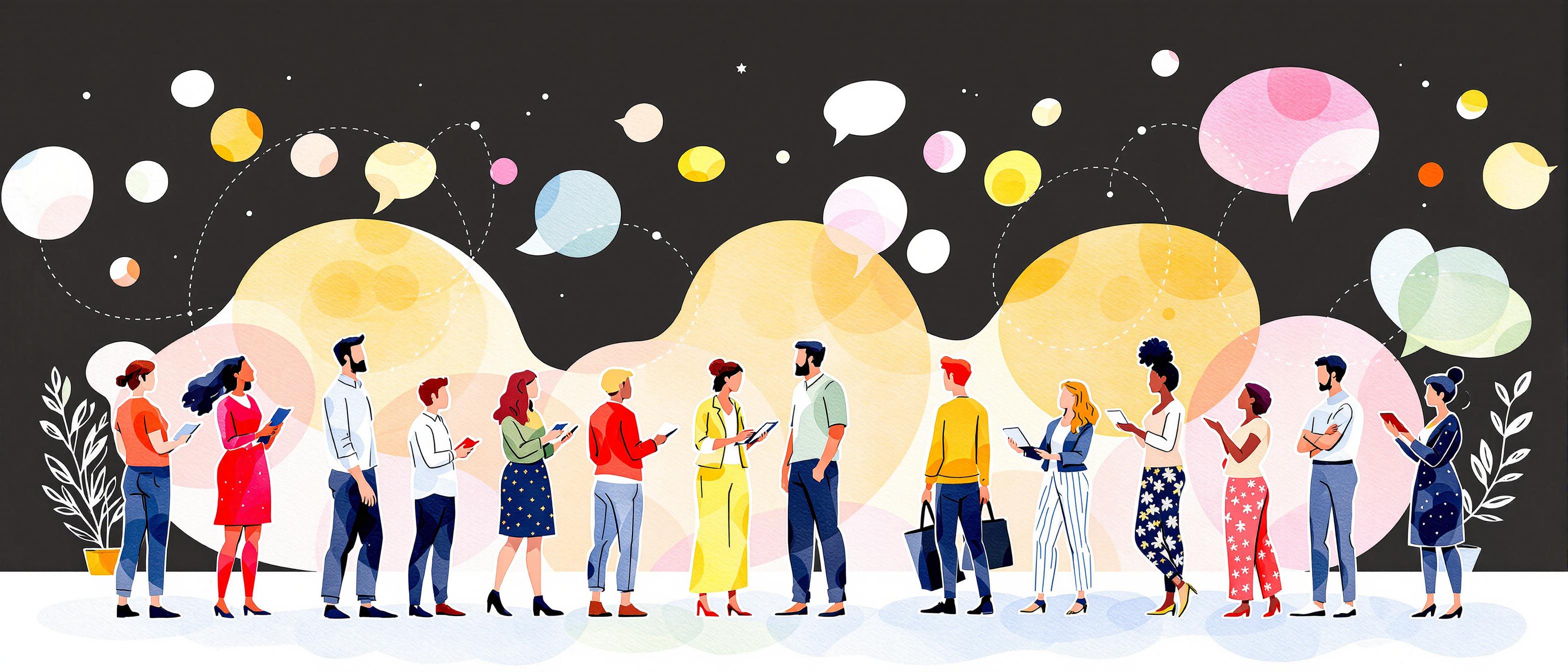 A watercolor illustration showing people from different business departments—marketing, sales, customer support, product development—standing together engaged in active discussion, with gentle abstract shapes symbolizing connection and knowledge sharing, conveying unity and cross-functional collaboration in a professional yet inviting tone.