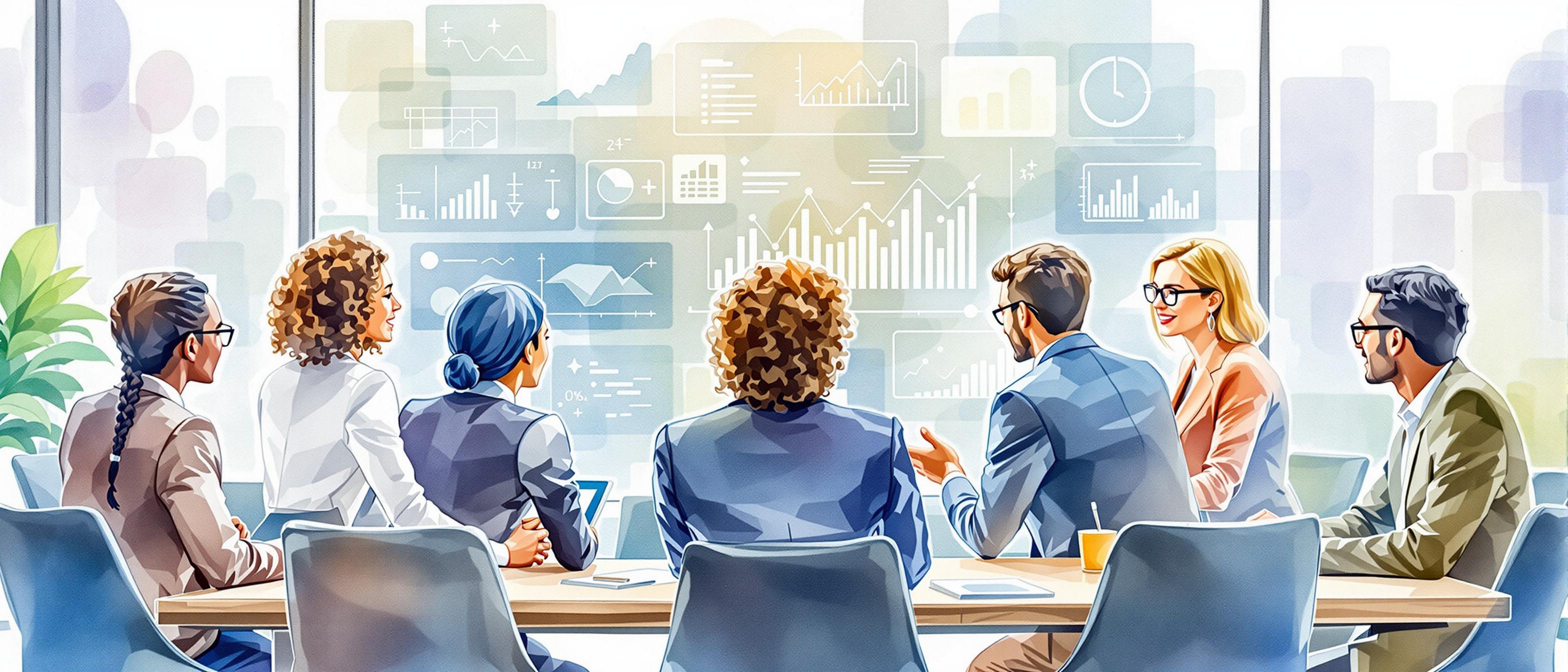 A watercolor illustration depicting a professional office environment with diverse business people discussing around a conference table, showing a collaborative atmosphere. The background features subtle digital charts or numbers to imply data-driven decision-making, enhancing the feeling of strategic planning and complex business relationships.