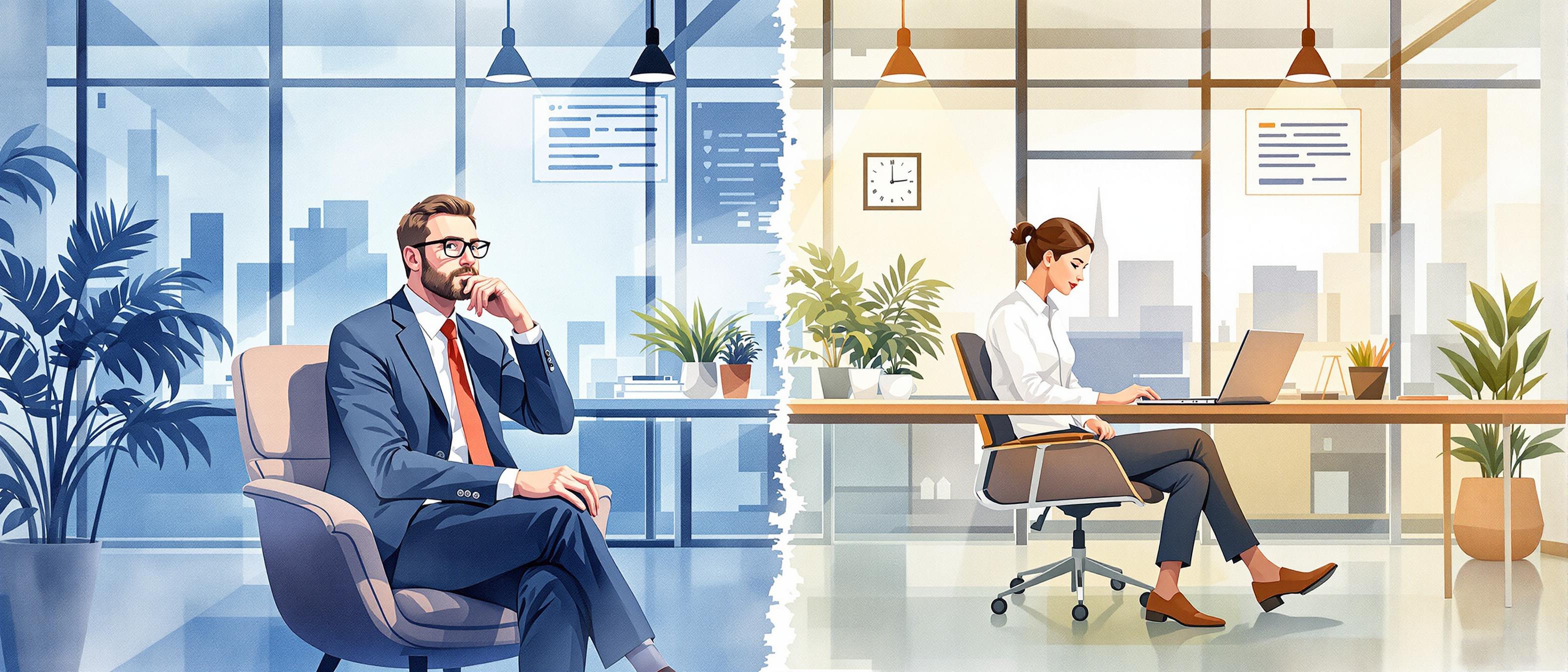 A watercolor scene illustrating two contrasting B2B personas: one, a senior executive contemplating long-term strategy, sitting with a thoughtful expression; the other, a practical operations manager reviewing daily tasks on a laptop. Both are set in modern office environments separated by a soft, blended transition, highlighting their different roles and perspectives.