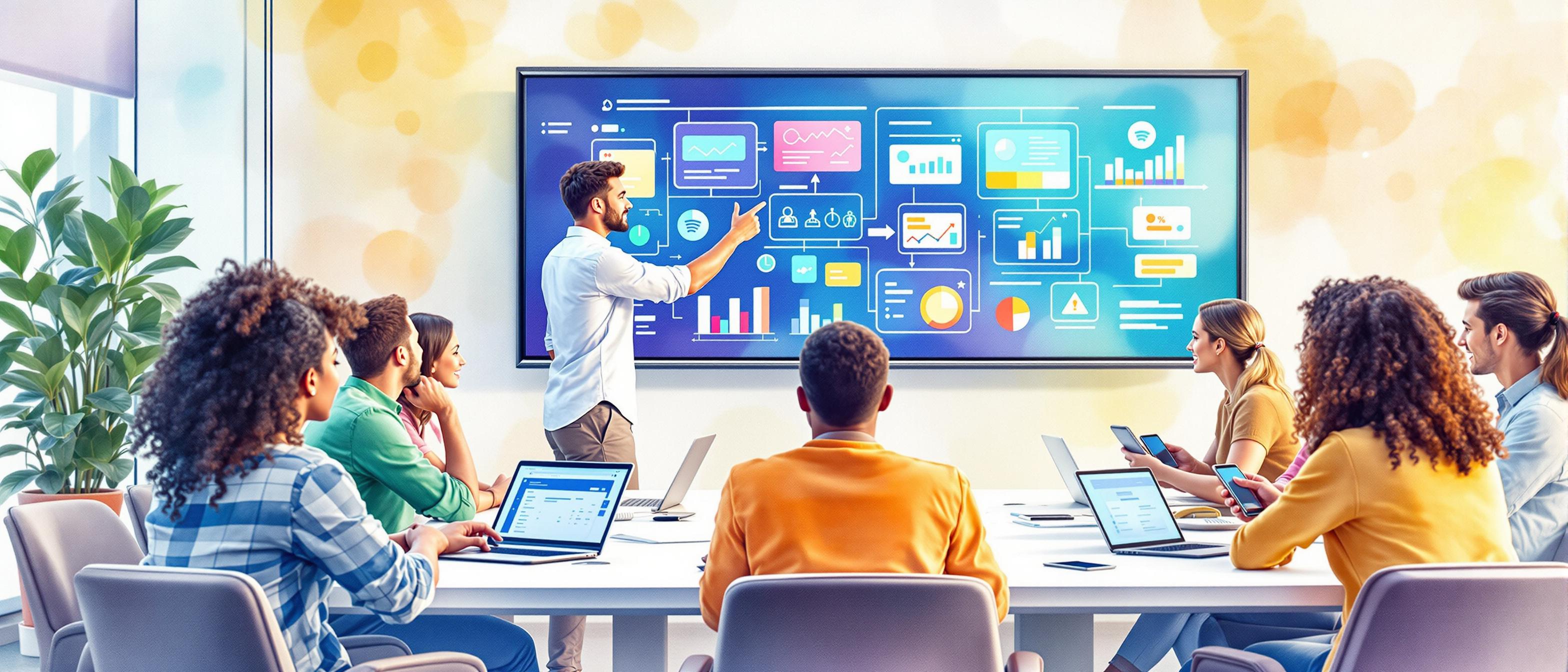 A watercolor scene showing a diverse office team gathered together in a bright meeting space, where one person leads a hands-on training session using a large visual display. Team members are engaged with laptops and tablets, exchanging ideas, and referencing colorful progress charts and digital workflow elements. The mood is collaborative and optimistic, highlighting learning and support in workplace tool adoption.