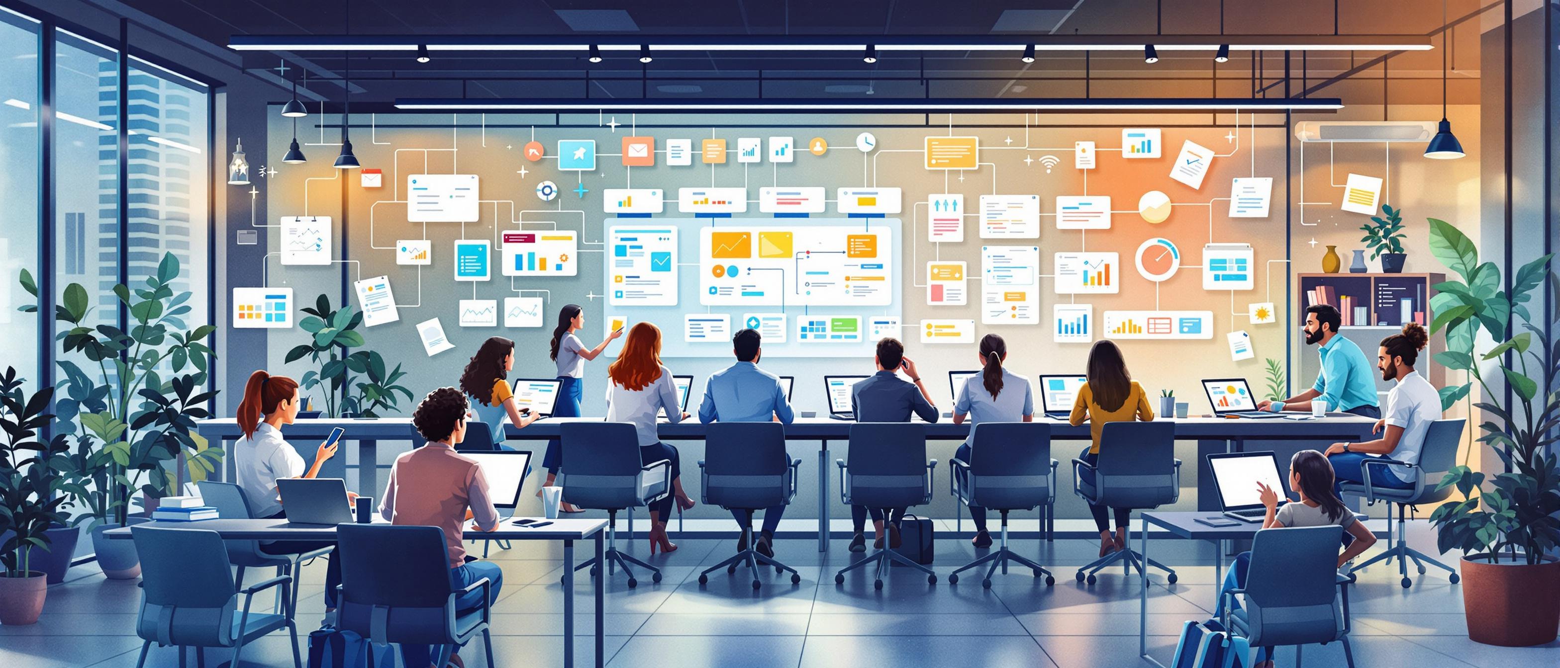 A watercolor illustration of a collaborative office environment where diverse business professionals are clustered around digital devices, actively interacting with virtual task boards, flowcharts, and shared screens in an open, modern workspace. Background elements evoke a sense of connection and organization, with hints of paper checklists evolving into streamlined digital workflow icons. The mood is dynamic and productive, emphasizing teamwork and digital transformation.
