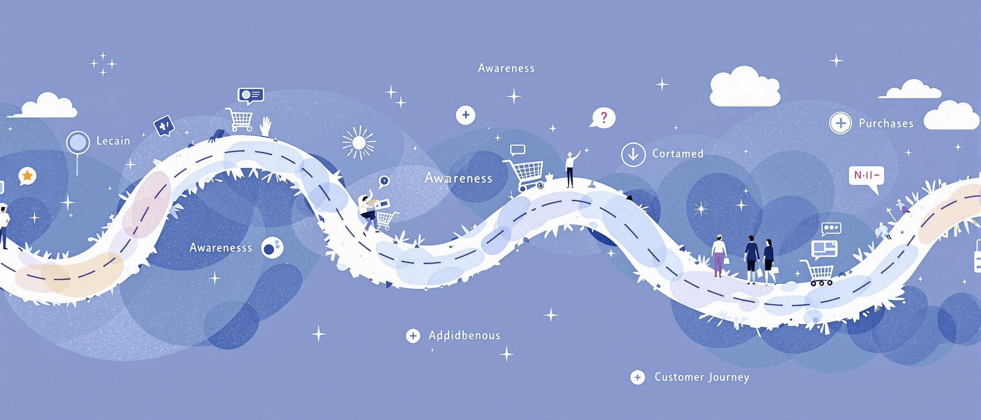 A watercolor scene visualizing the customer journey: a winding path or roadmap passing through various stages—from awareness to consideration to purchase—with subtle icons like magnifying glasses, chat bubbles, and shopping carts along the path, set in a calm, optimistic color palette.
