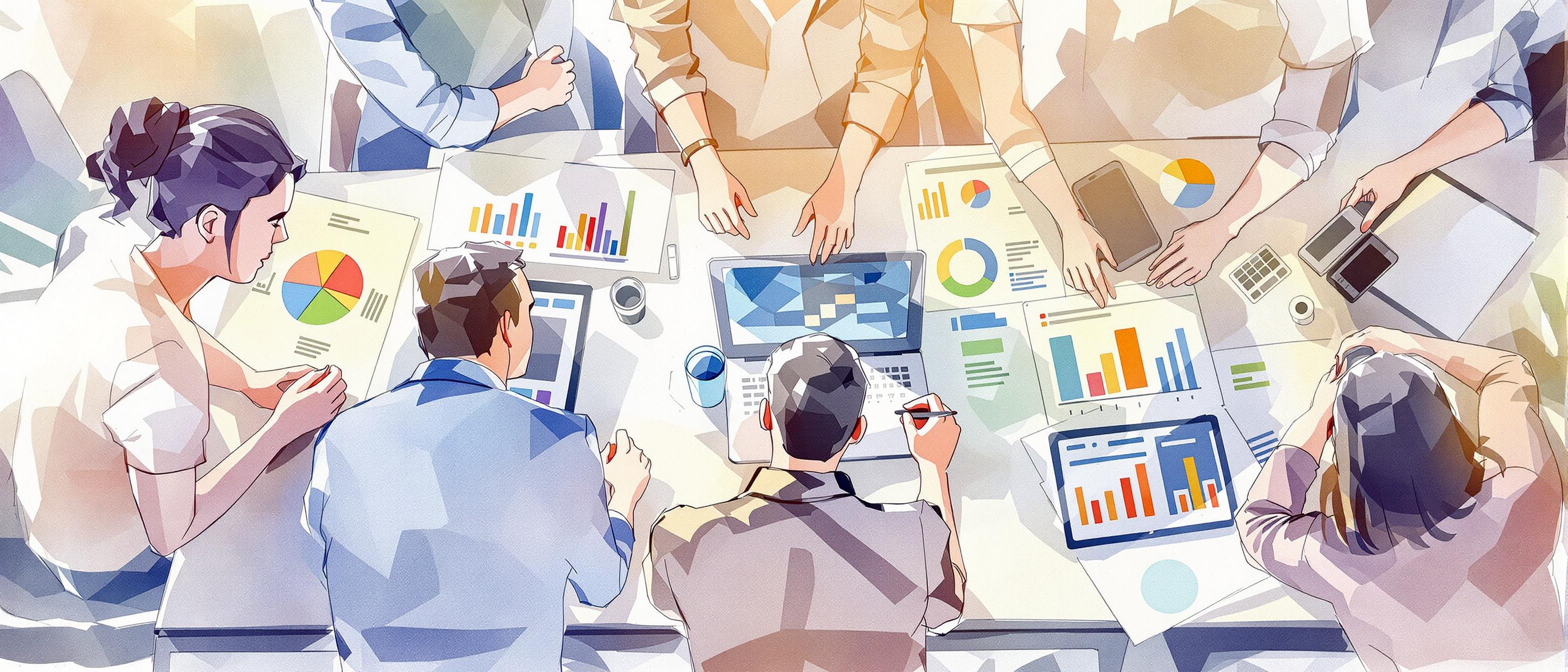 A watercolor illustration depicting a business team around a table, studying graphs, charts, and digital devices, symbolizing strategic analysis and brainstorming; background hints at a modern office with soft natural light, conveying a mood of collaboration and thoughtful planning.
