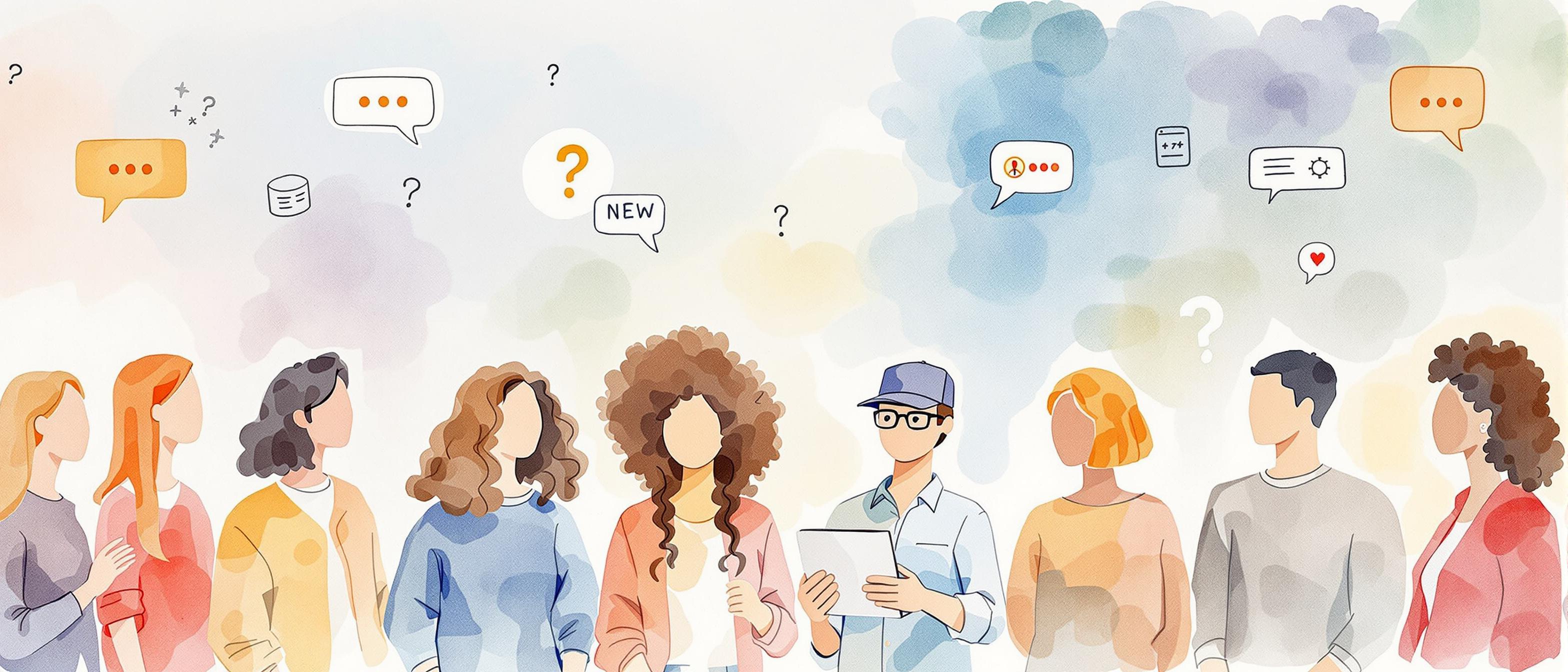 A watercolor painting showing a detailed customer persona setup: a range of diverse people, each representing different demographics and interests, surrounded by icons like laptops, speech bubbles, and questions marks, set against a gentle, abstract wash, evoking the concept of understanding customer needs through empathy.