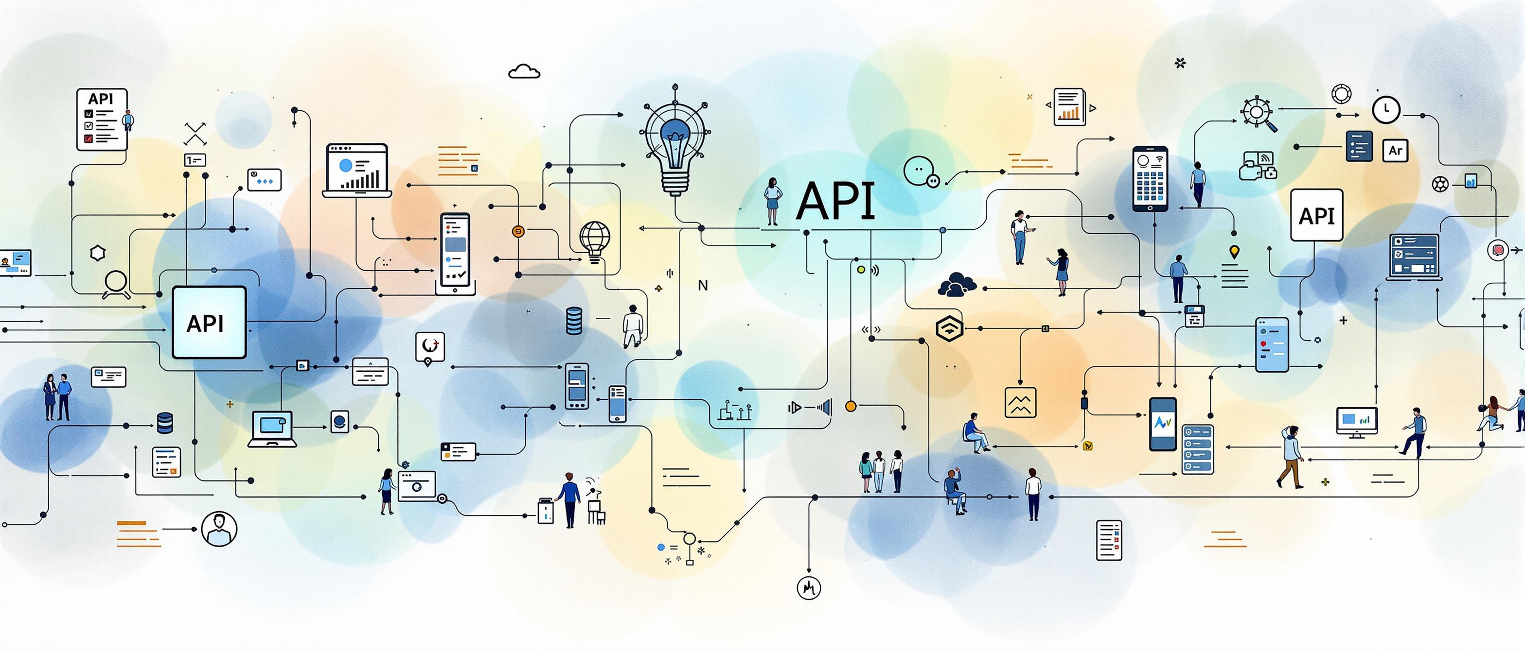 A watercolor illustration of interconnected digital systems exchanging data seamlessly, with abstract representations of APIs, data flows, and human figures comfortably overseeing operations, set on a light, harmonious background to symbolize efficiency and automation. Mood: innovative and professional.