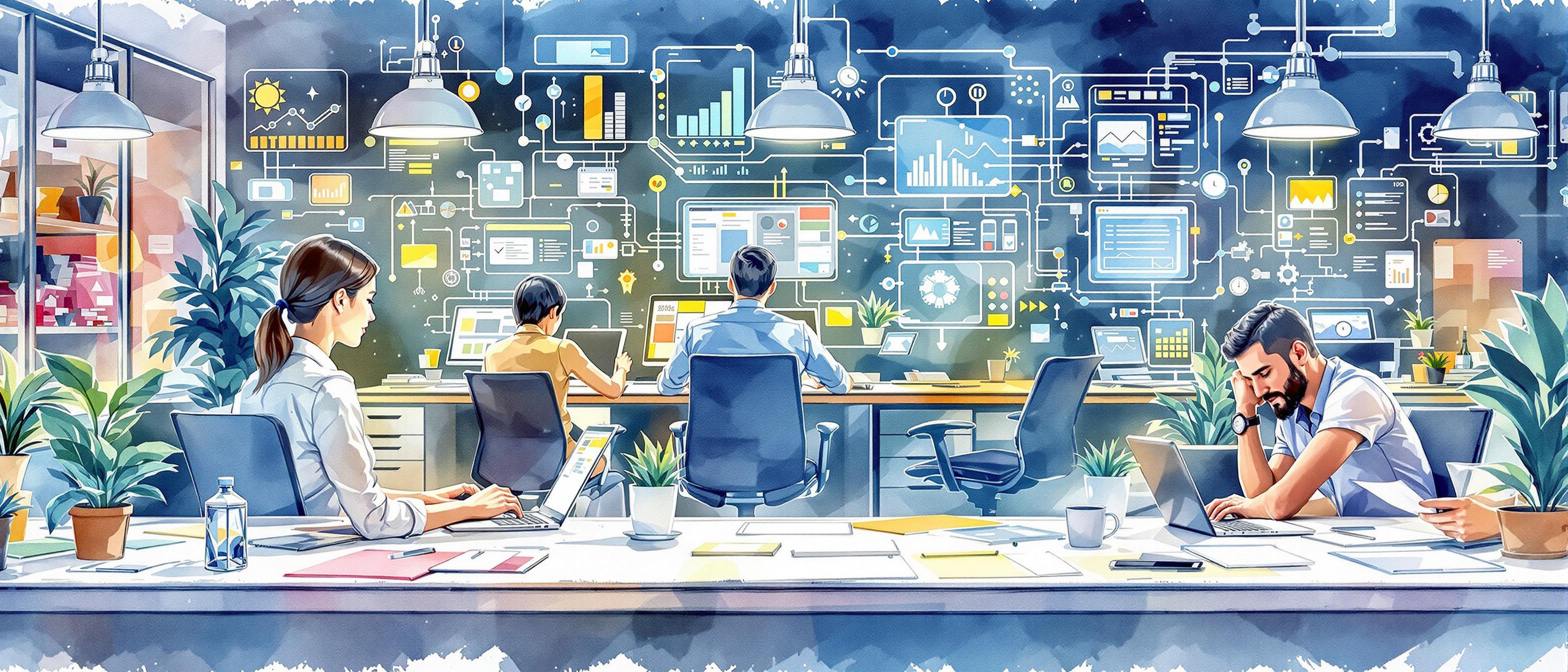 A watercolor-style business environment showcasing team members focusing on high-value tasks while digital processes run automatically in the background. The setting blends busy office textures with visible benefits of automation, such as reduced manual workload and increased productivity. Mood: positive and forward-looking.