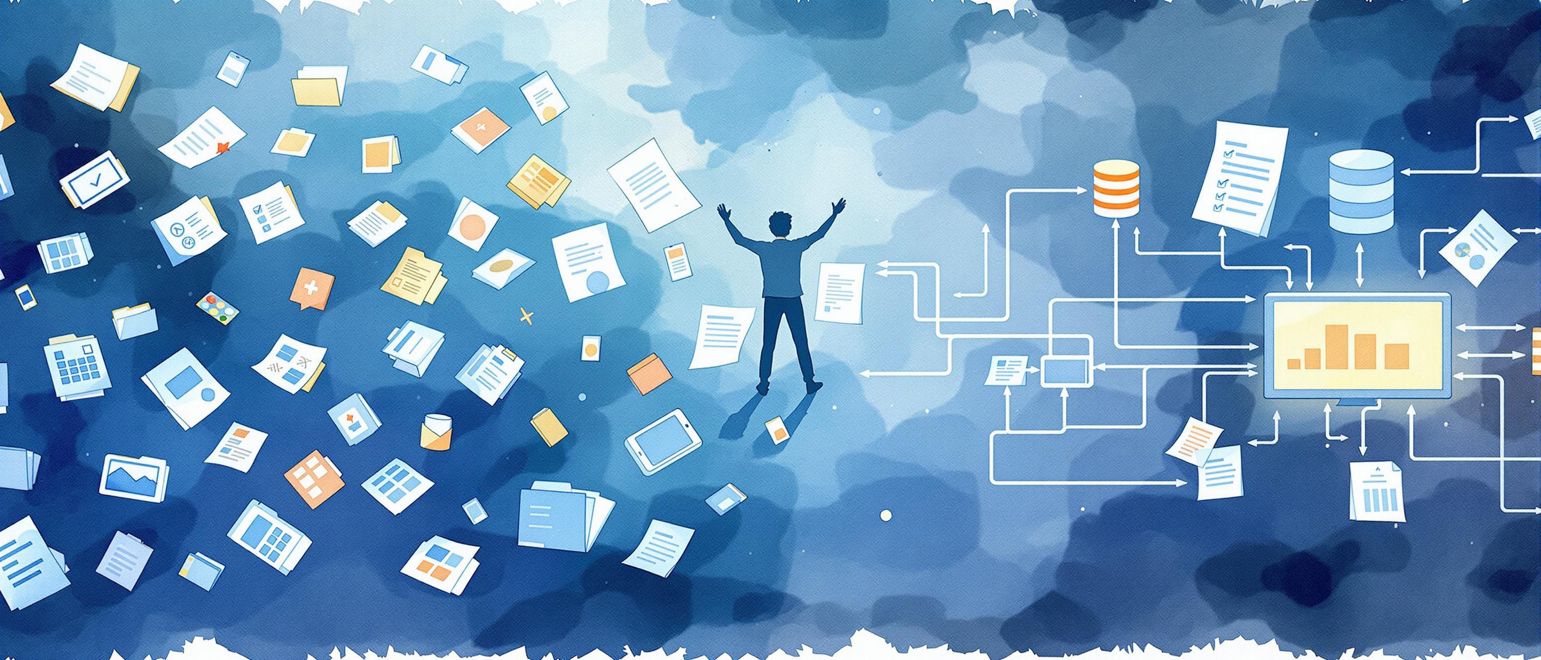 A watercolor scene depicting common lead management challenges: scattered folders and databases with overlapping documents, contrasted with a central system where information flows smoothly together, reducing confusion and errors. The atmosphere is one of transition from chaos to clarity.