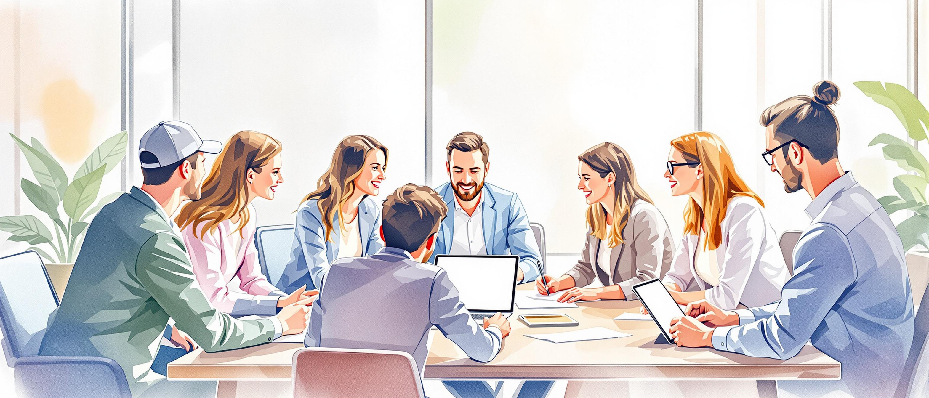 A watercolor illustration of a collaborative meeting between marketing and sales teams, gathered around a table with light papers and digital tablets, discussing strategies. The mood is cooperative and focused, with a soft, modern office background, highlighting teamwork and communication.