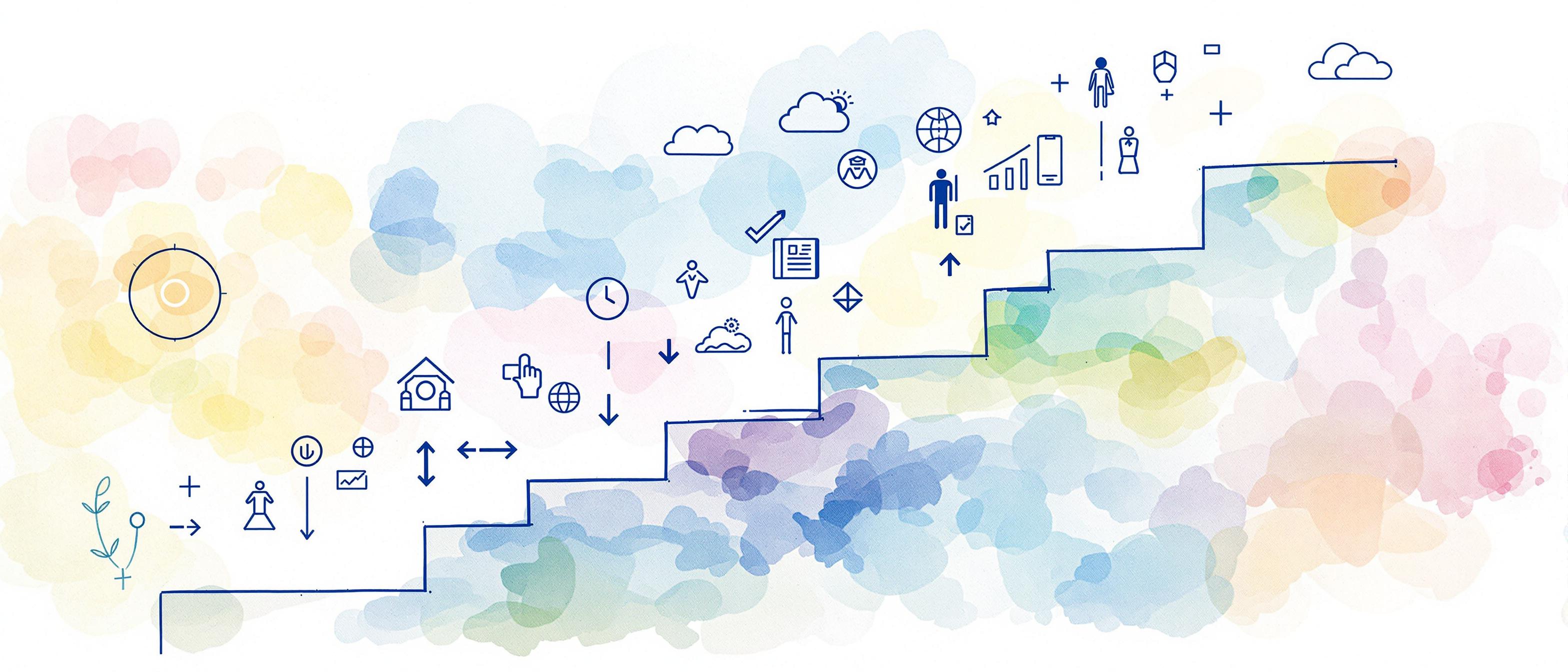 A watercolor depiction of a B2B company’s growth journey, illustrating a gentle upward path or staircase with icons representing key steps: targeting, collaboration, analysis, and sustainable growth, surrounded by light symbolic business elements in a modern style.
