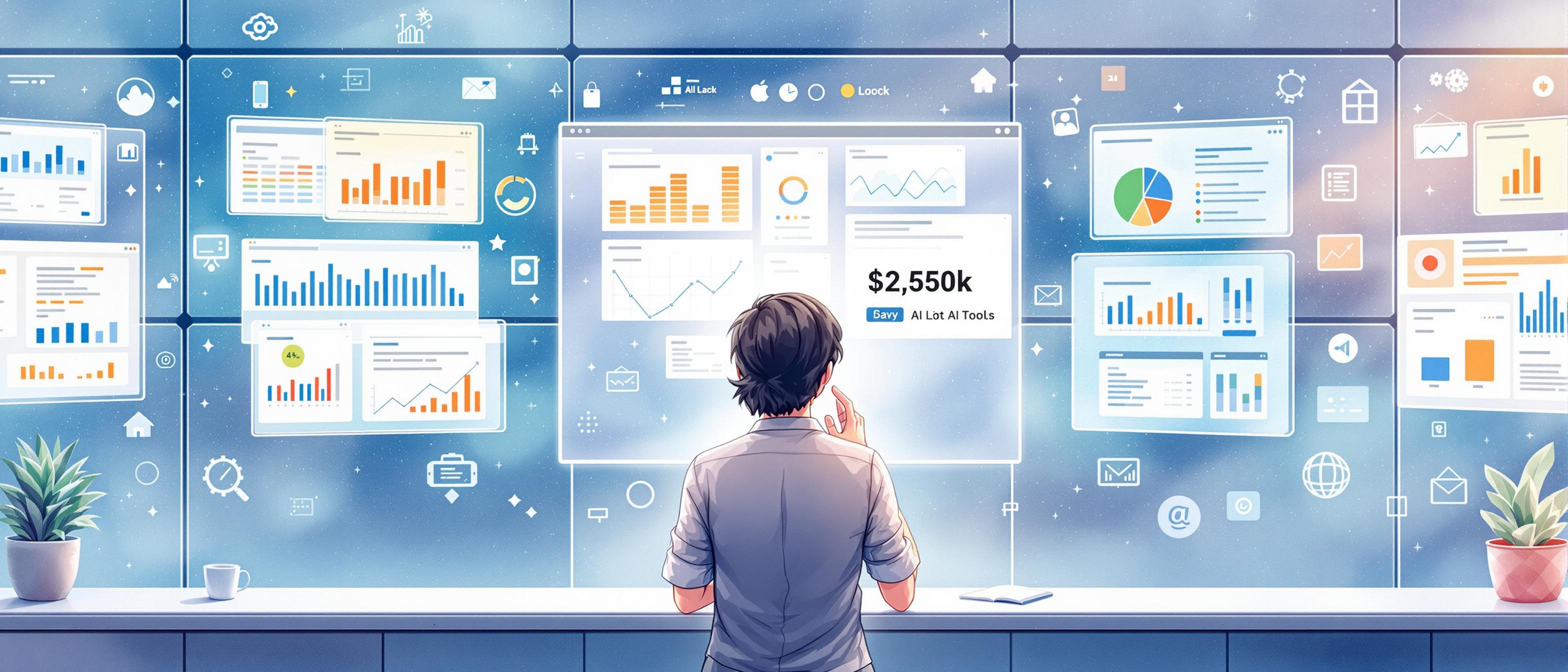 A watercolor scene depicting a selection process where a person thoughtfully chooses between different AI tools and dashboards displayed on virtual panels, emphasizing usability, features, and support. The background features soft hints of the Japanese market with abstract icons and gentle colors representing technology and analysis.