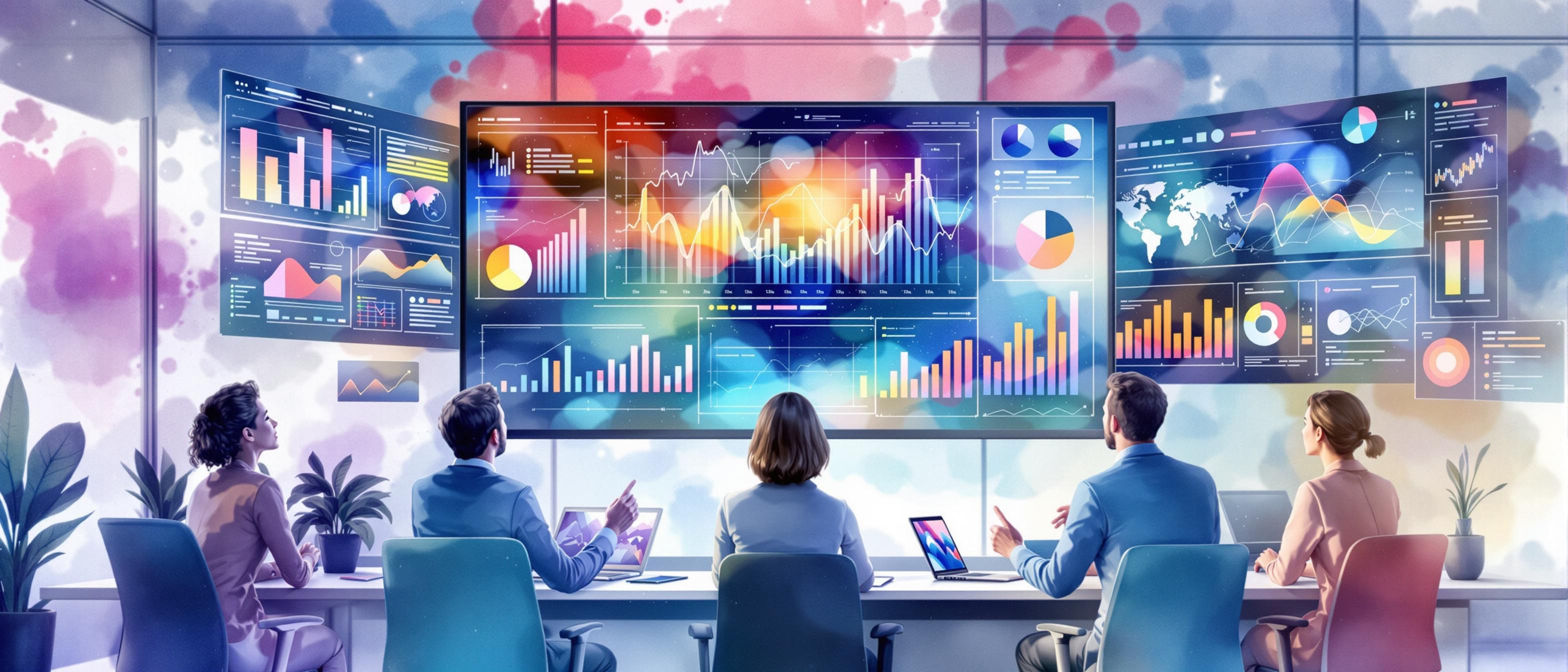 A watercolor illustration showing a business team analyzing complex digital data on large floating screens, with abstract charts and colorful data streams, symbolizing the integration of AI into competitive analysis. The mood is focused and innovative, with a subtle office background blending into abstract watercolor splashes.