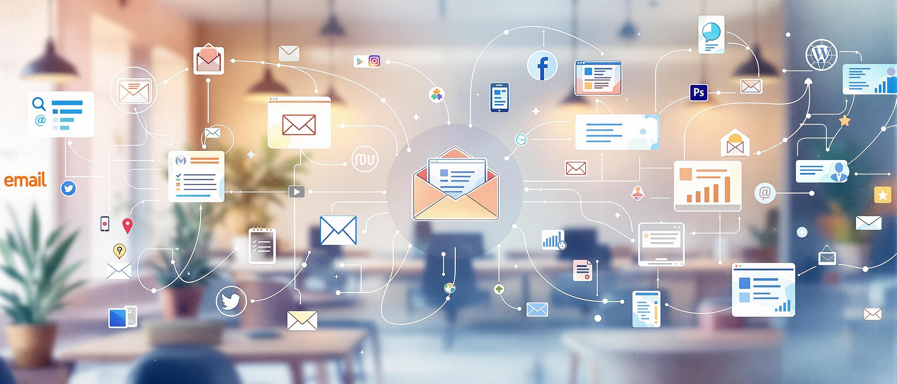A persuasive watercolor illustration showing a diverse range of digital marketing channels—such as a website, social media icons, an email envelope, and online ads—interconnected by flowing, soft lines in a modern office background to represent the overall concept of digital customer acquisition strategies.
