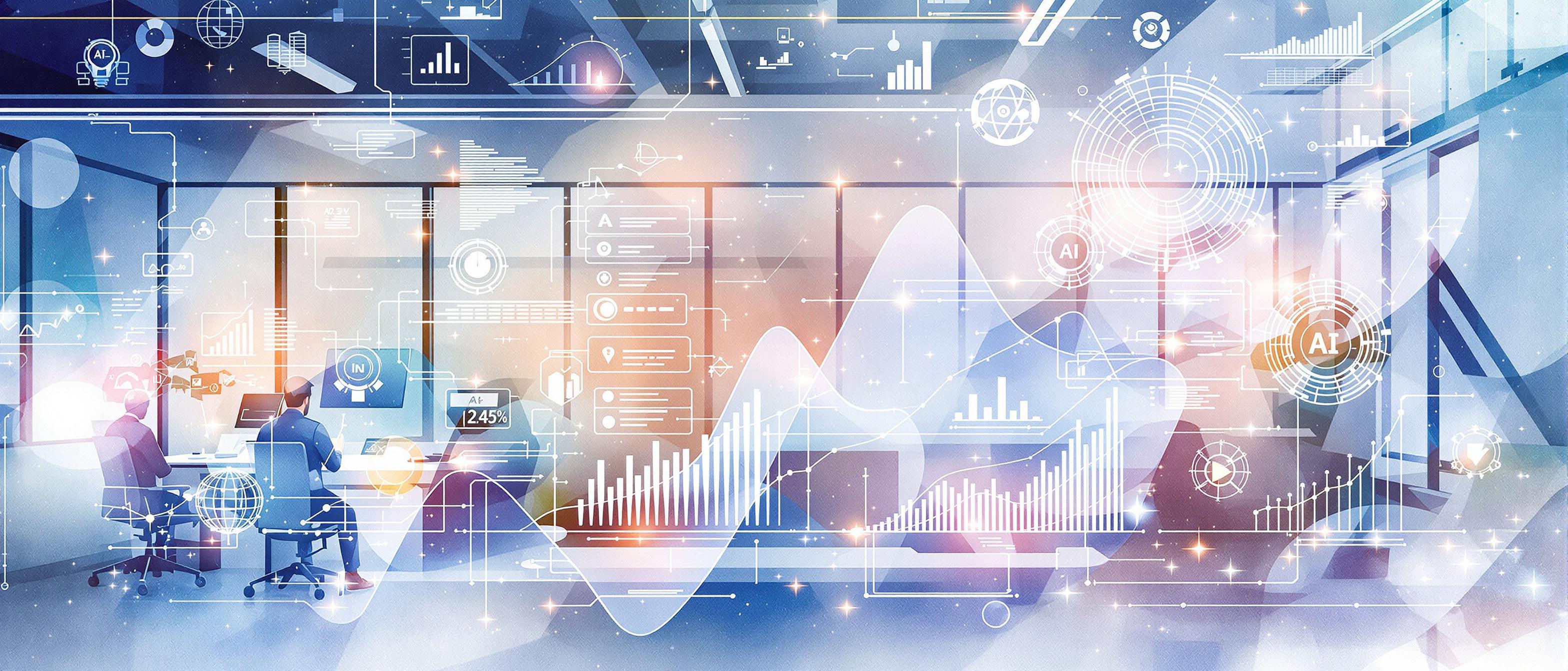 A watercolor scene depicting an AI-powered dashboard and marketing automation workflow, with abstract, glowing AI and data visual elements merging beautifully in an office setting, evoking innovation and efficiency—ideal for supporting the section on AI and automation trends in digital marketing.