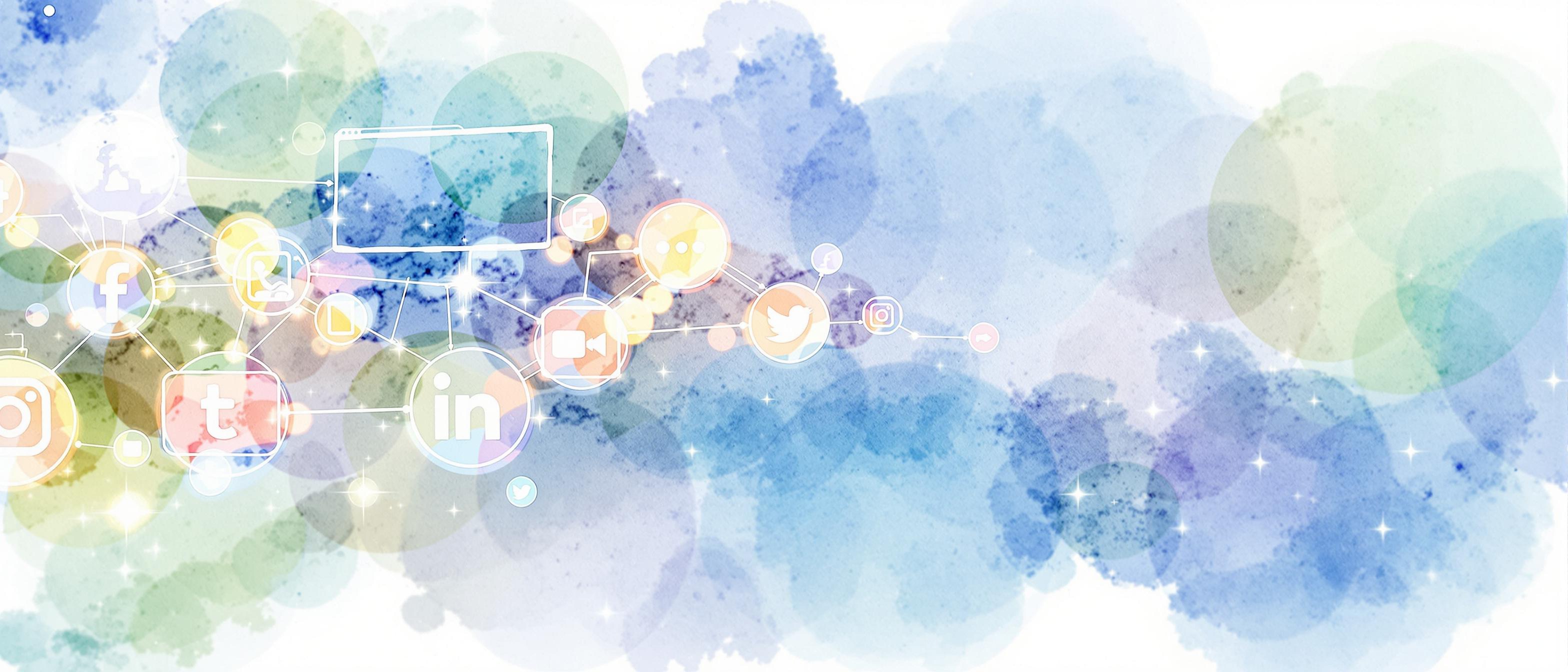 A watercolor illustration showing the dynamic relationship between social media icons and a web browser window, with abstract links and light representing the flow of connections. Background has a gentle blue and green gradient wash, conveying growth, trust, and communication. Persuasive, informative tone in a clear, explanatory structure.
