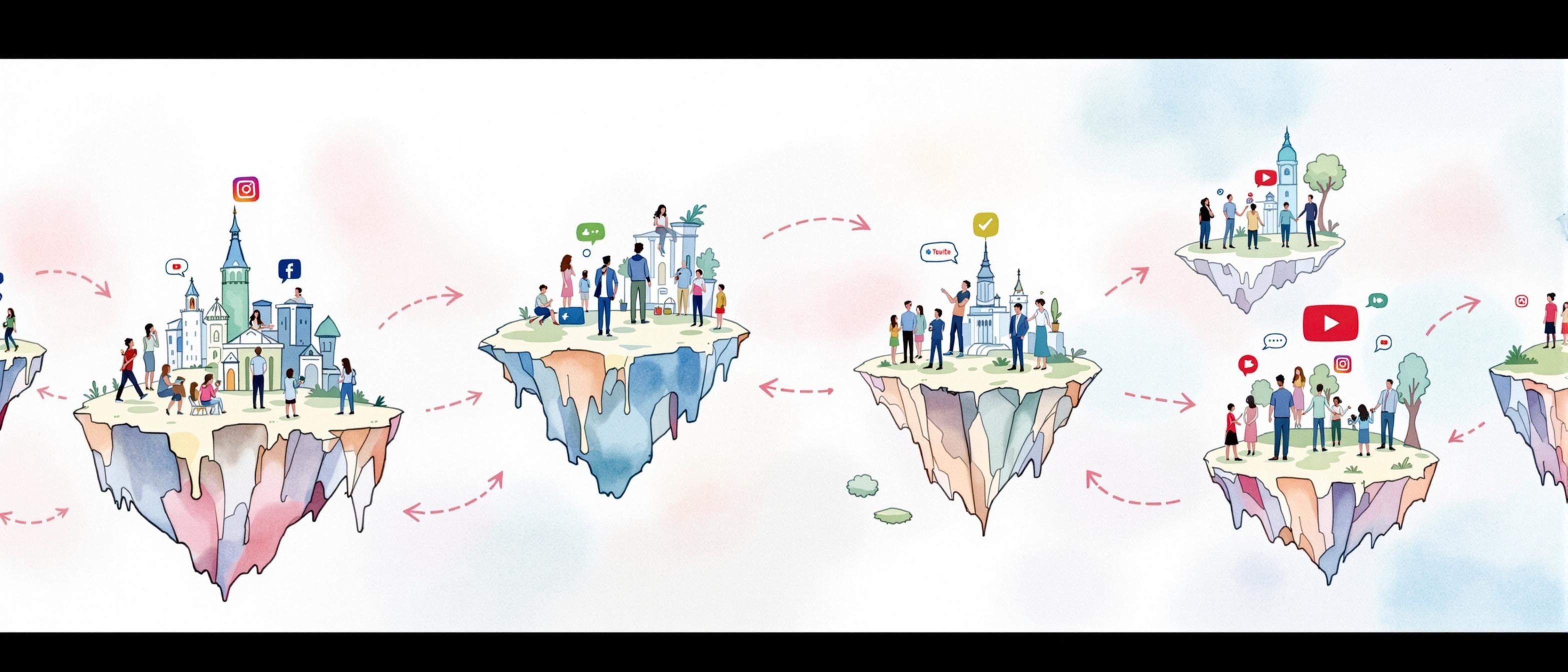 A watercolor illustration of multiple SNS platforms (X, Instagram, Facebook, YouTube) as floating islands, each with figures representing different user groups communicating and sharing. Arrows between islands symbolize cross-platform strategy and link-building. Background is soft, harmonious, with pastel tones, exuding a sense of connectivity and strategy. Persuasive, comparative structure.