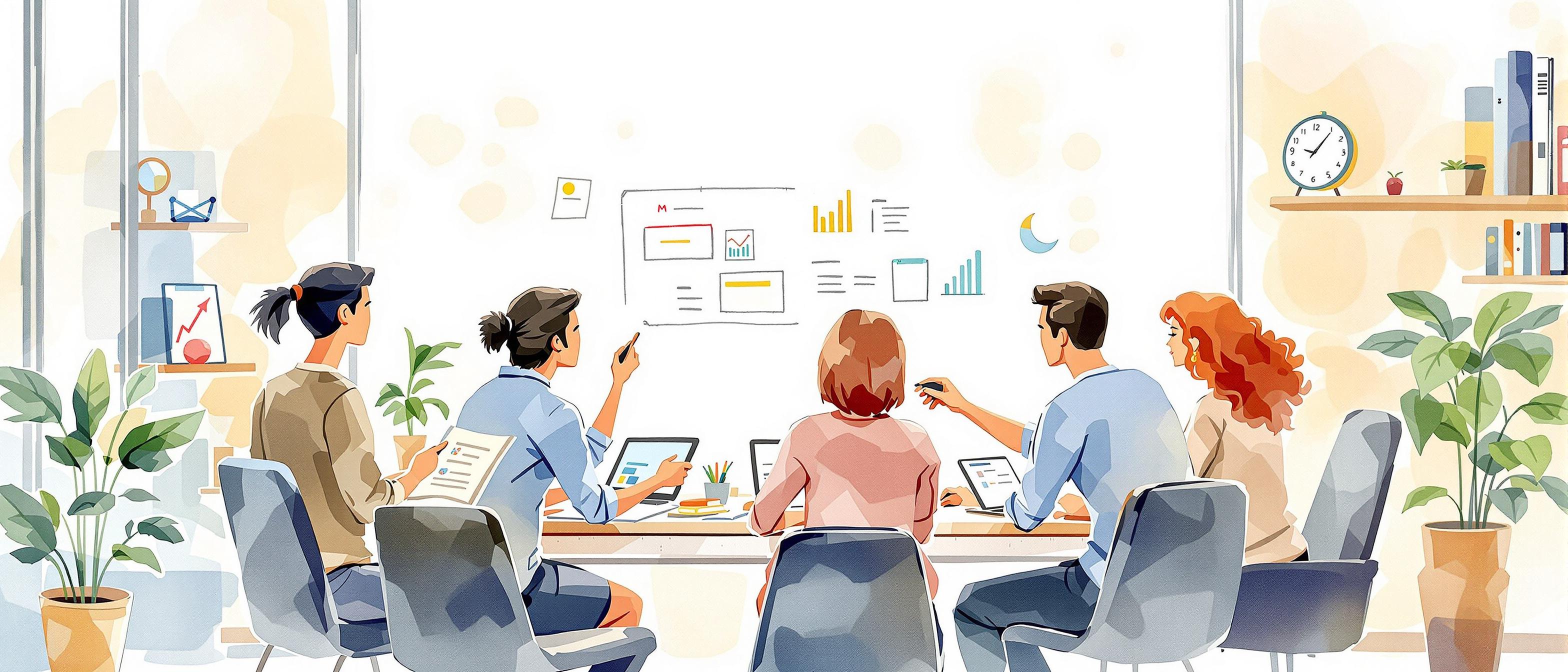 Watercolor-style illustration depicting a small, focused team gathered around a desk, planning a social media marketing strategy with digital devices and paper charts, in a bright, inviting workspace. The mood is collaborative and inspiring, with a soft, creative background symbolizing goal setting and teamwork.