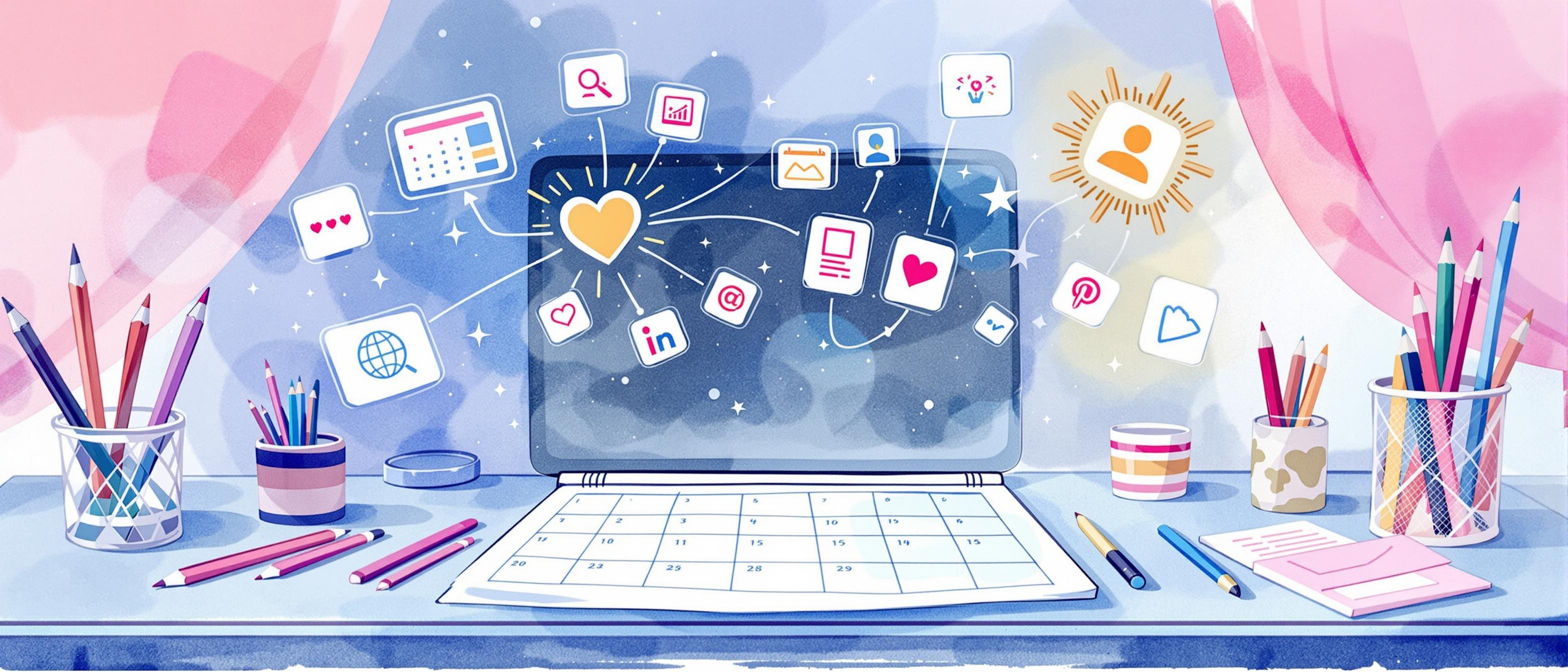 Watercolor-style illustration of a calendar open on a desk, surrounded by creative tools like color pencils and a laptop, with digital content ideas symbolized as floating icons for images, videos, and posts in the air. The scene conveys organized planning and creative inspiration in a gentle, motivating atmosphere.