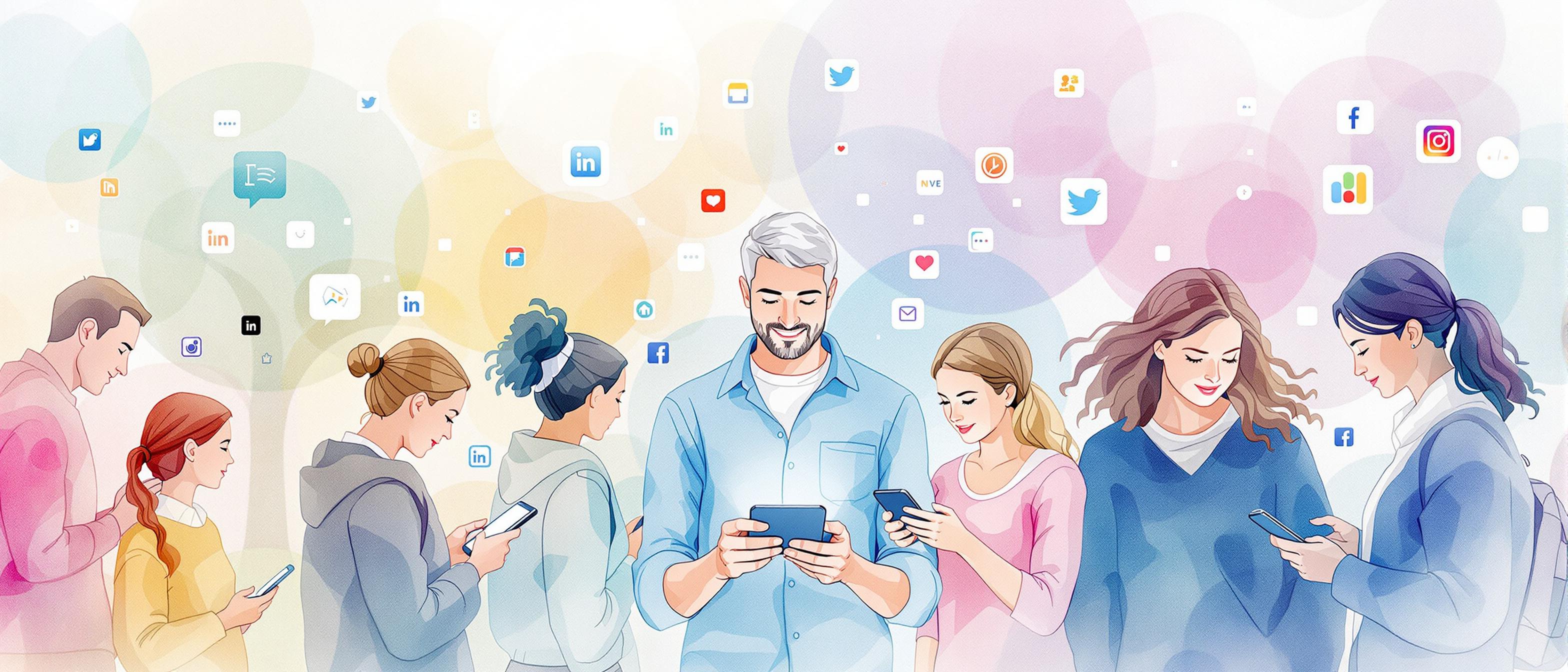 Watercolor-style illustration showing a diverse group of people in different age groups using various social media platforms like smartphones and tablets, each platform subtly represented by abstract icons or imagery (no logos). The background blends soft colors to visualize networks connecting users, creating a sense of digital community and platform diversity.