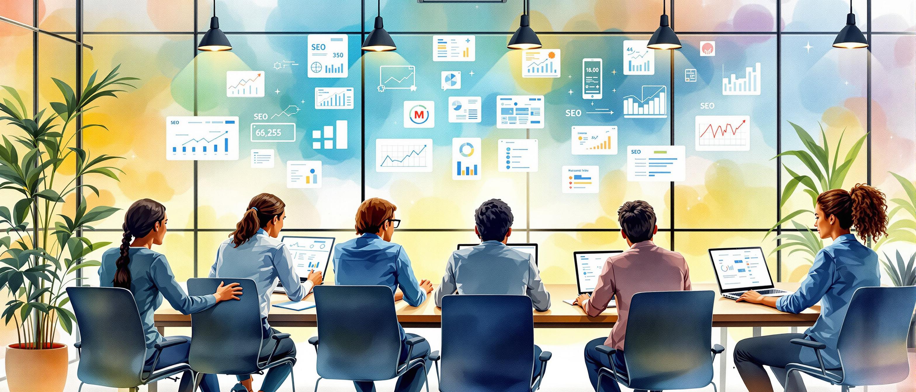 A persuasive watercolor illustration depicting a busy digital marketing team efficiently collaborating around a table with laptops, analytics dashboards, and SEO-related visuals, highlighting teamwork and the visualization of complex data. Bright, modern office background, energetic and focused mood.