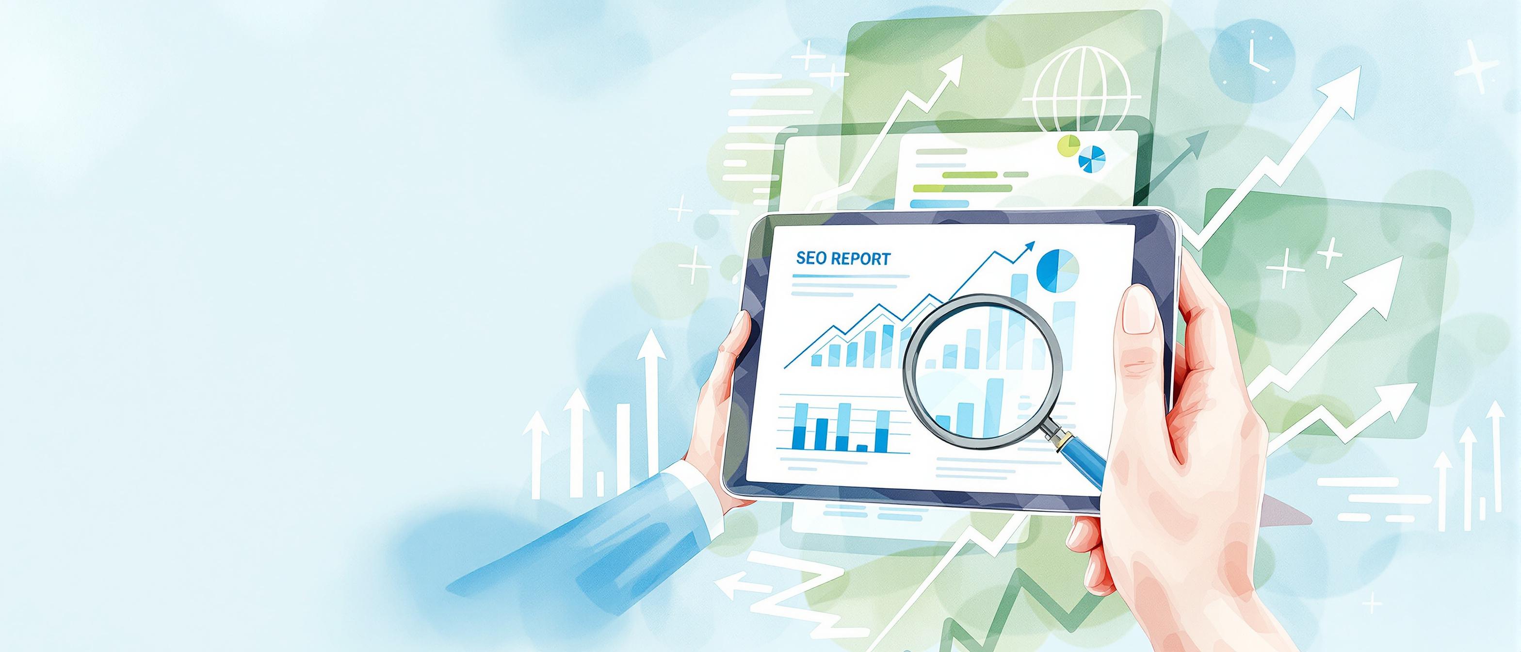 A persuasive watercolor illustration of a dynamic SEO report displayed on a tablet, surrounded by impressionistic graphs, magnifying glass, and upward-trending arrows symbolizing growth and improvement. Soft blue and green tones, giving an innovative and positive impression.