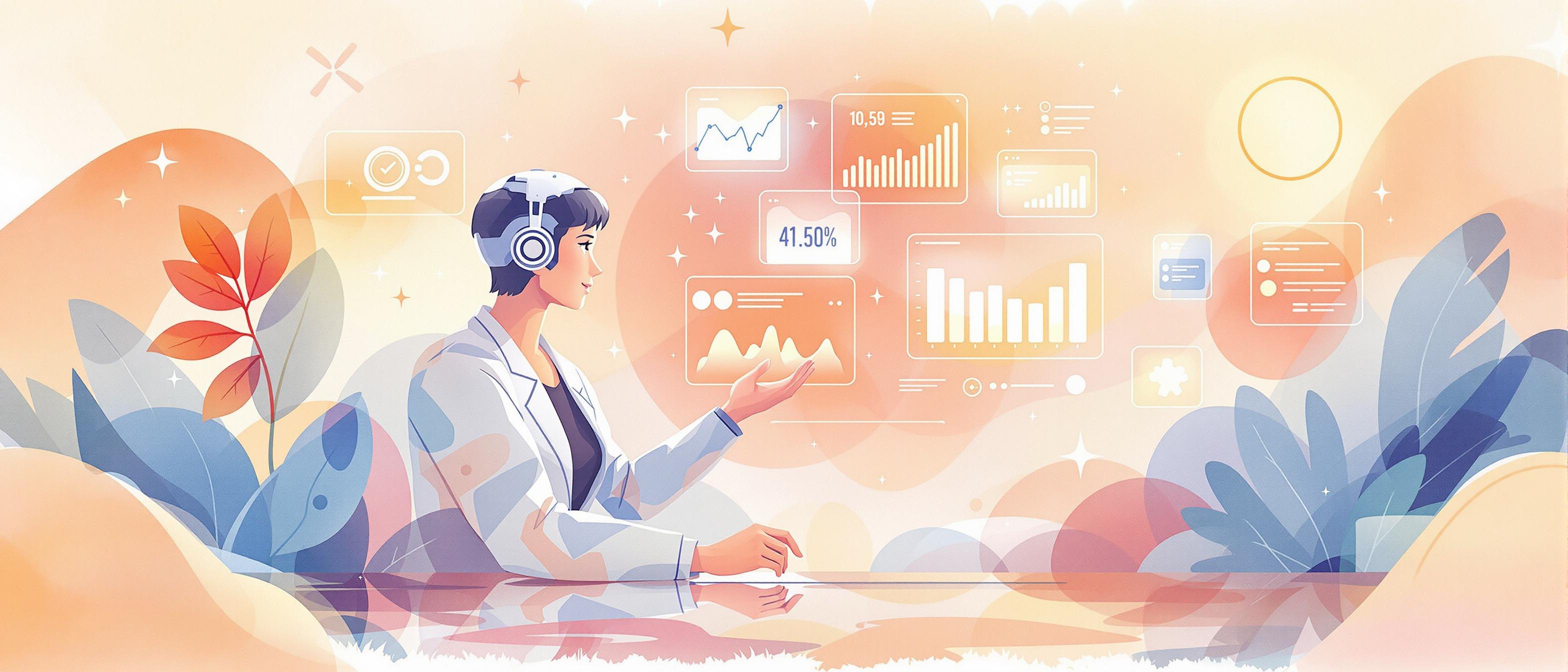 A persuasive watercolor illustration showing an AI-driven tool, visualized as a futuristic interface with floating data panels and glowing analytics, assisting a marketer in generating website content and reports. Imagery conveys simplicity, automation, and Japanese cultural cues like subtle patterns or motifs in the background. Warm, inviting color palette.