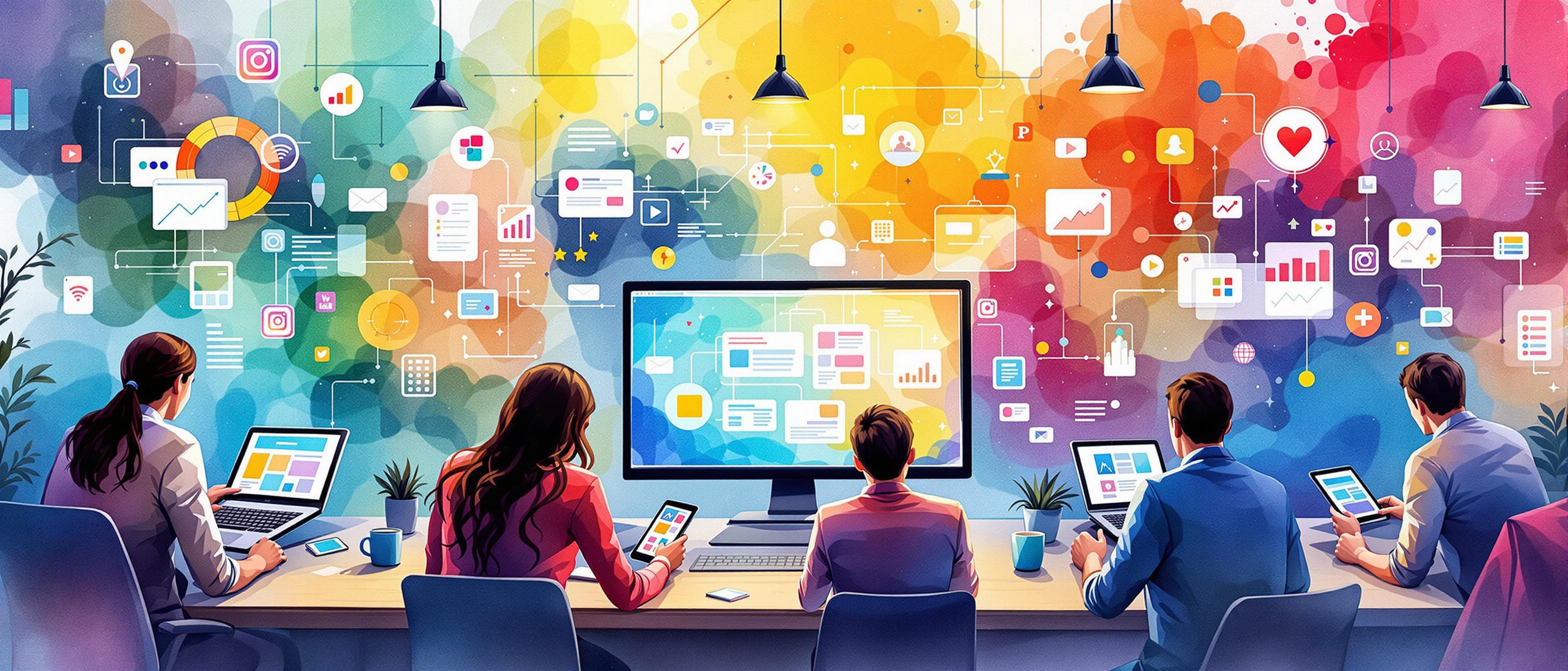 Watercolor painting of a modern digital marketing scene: people engaging with content on computers, tablets, and smartphones, vibrant colors, abstract representations of content creation and social media interaction, inspiring and forward-thinking atmosphere.