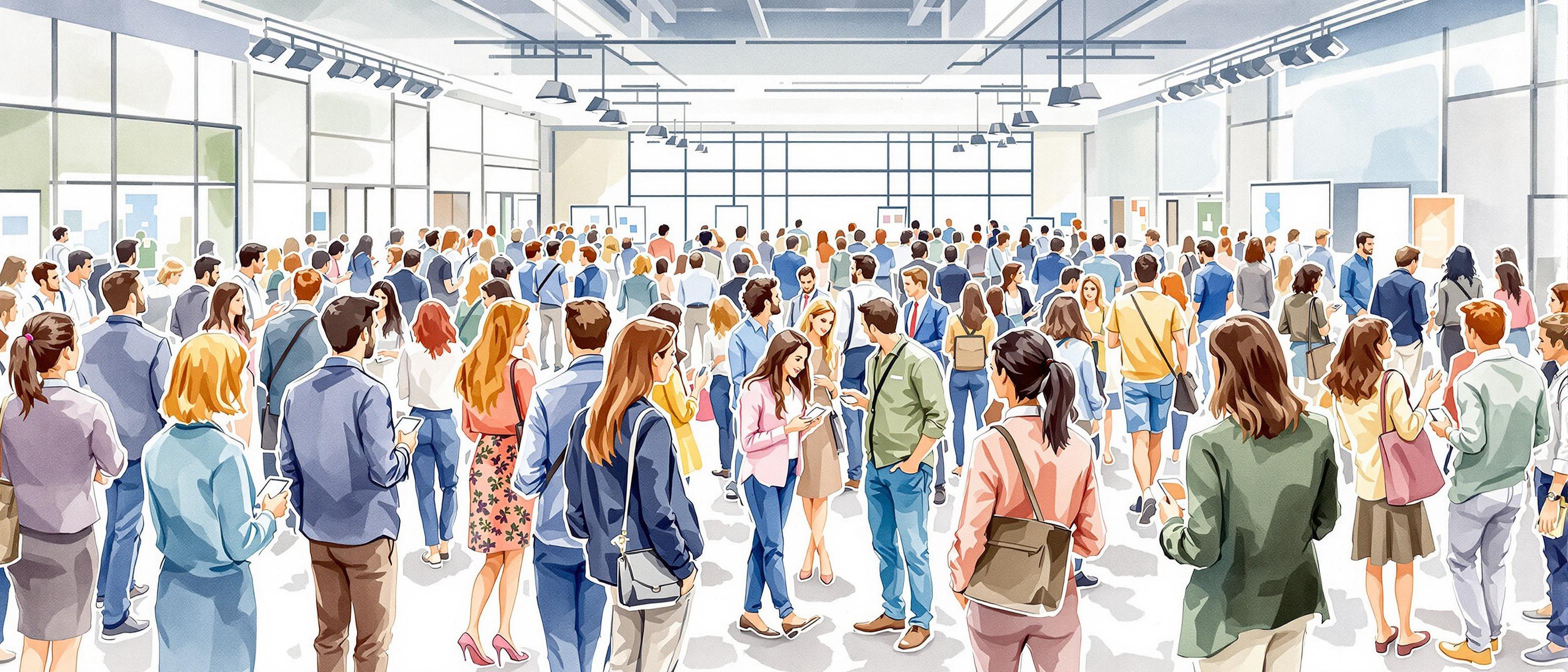 Watercolor illustration of a lively business seminar or trade show: diverse people networking, exchanging ideas and business cards in a bright event hall, soft edges, hopeful and energetic mood.