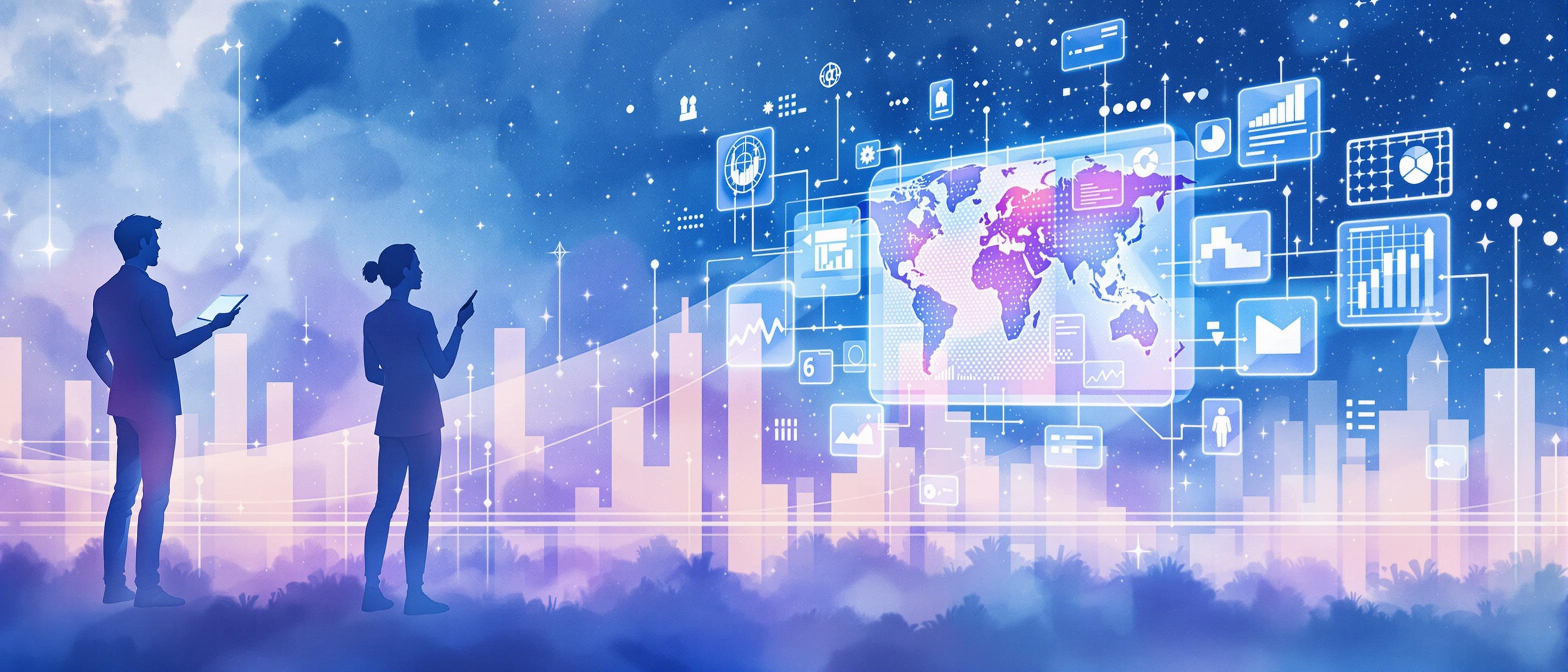 Watercolor art of an AI system analyzing customer data: gentle blue and purple hues, abstract data points, a silhouette of a person reviewing patterns on a floating digital interface, mood of innovation and precision.