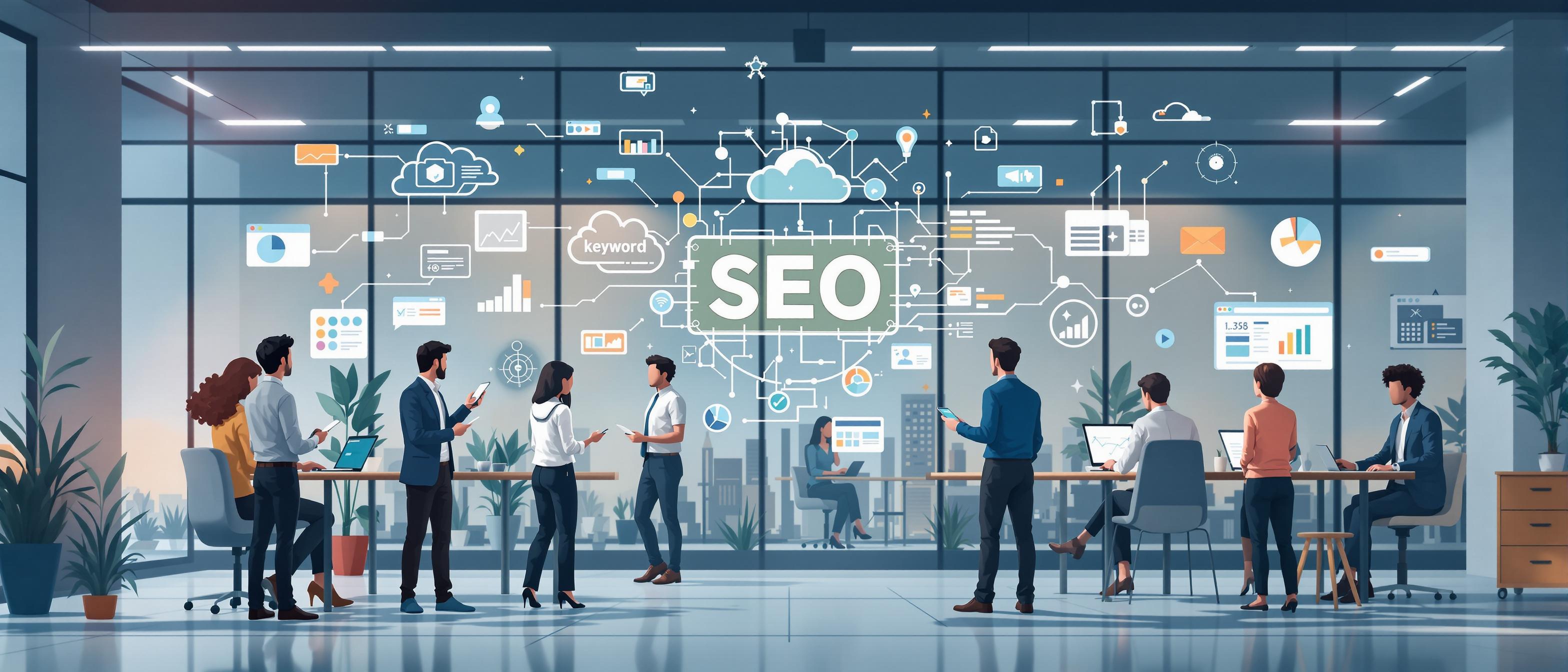 A professional office setting with a diverse group of business people collaborating around digital devices, with floating visual elements representing SEO concepts such as website architecture, keyword clouds, and connection lines, ai_art_hybrid style, modern corporate atmosphere, persuasive tone, informative structure.