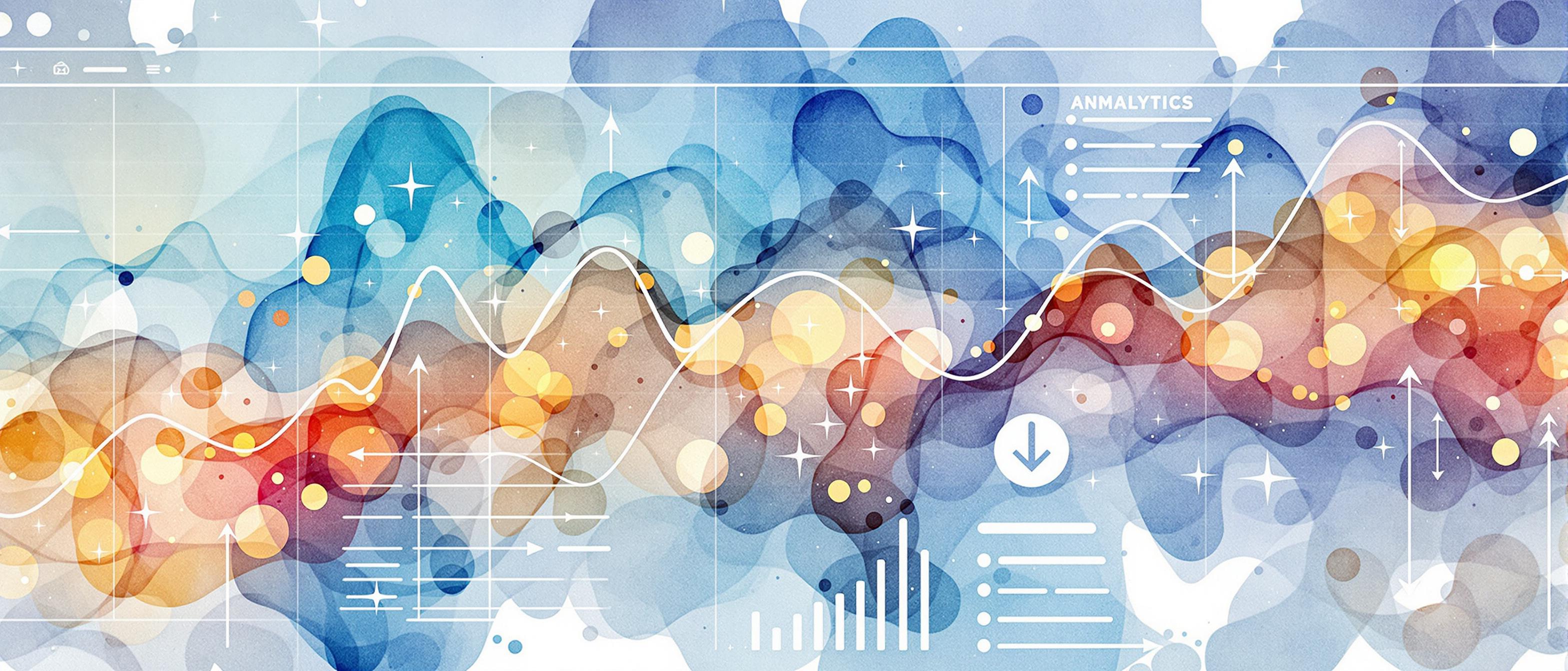 Watercolor illustration depicting website analytics in an abstract style: gently painted heatmap-like shapes, glowing areas of concentrated color on a semi-transparent web page overlay, with fluid, watercolor data points and subtle arrows indicating analysis and improvement. Calm, persuasive mood promoting optimization without using numbers or explicit graphs.