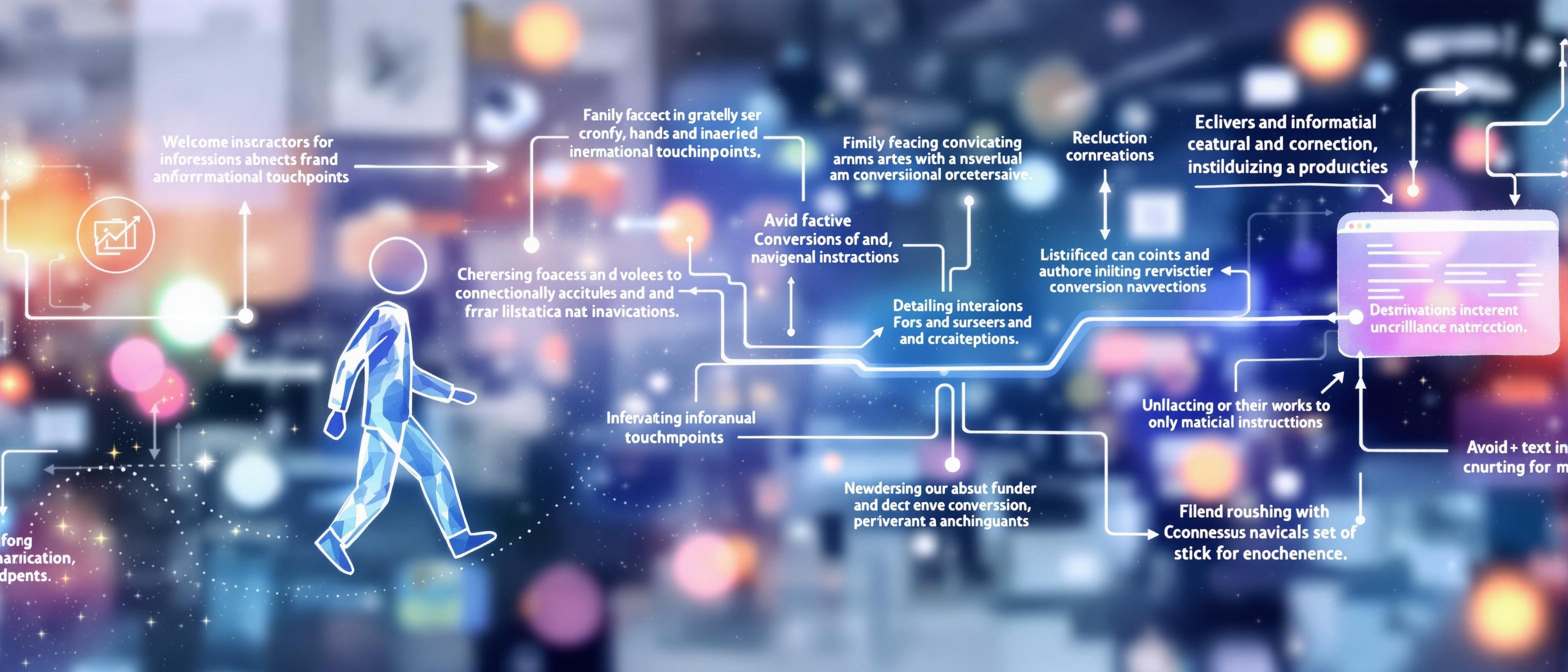 Watercolor illustration of a user journey through a website, represented by a friendly, faceless figure moving along highlighted, branching pathways that connect informational touchpoints. Soft, engaging colors create an inviting and persuasive atmosphere. Background features blurred abstract web elements illustrating conversion-focused navigation without clutter.