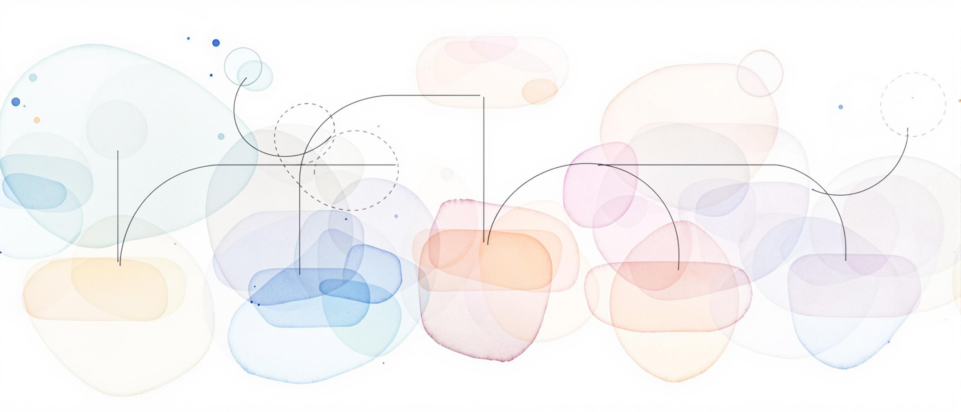 Watercolor illustration of a website hierarchy, with interconnected pages branching logically from a central homepage. Soft pastel colors suggest clarity and optimism; gentle gradients represent main, category, and detail pages connected by subtle curved lines. Abstract, modern, and clean style with harmonious organic shapes representing web structure, on a calm white background.