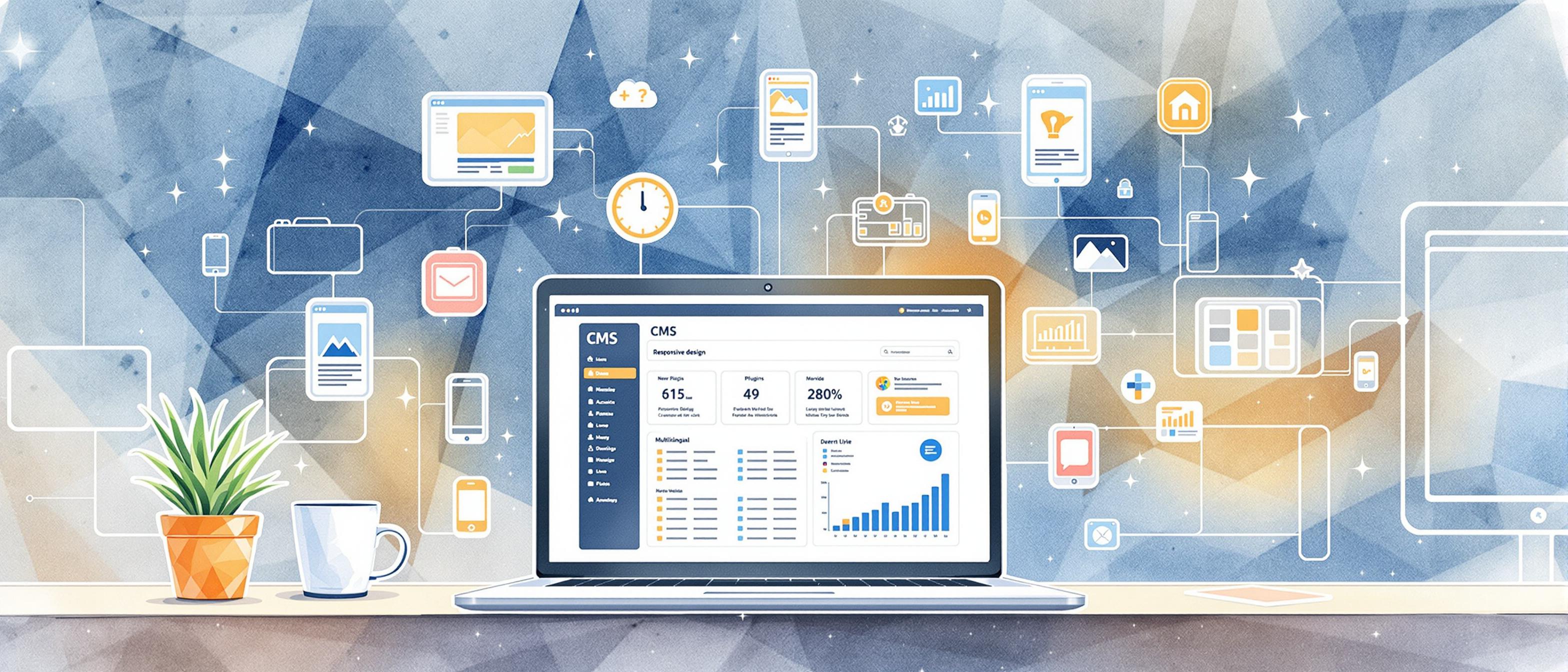 A detailed watercolor illustration featuring a CMS dashboard on a laptop, surrounded by floating icons representing responsive design, plugins, and multilingual support. In the background, softly rendered outlines of modern websites adapt to different device shapes. The mood is productive and modern, conveying ease of website management.