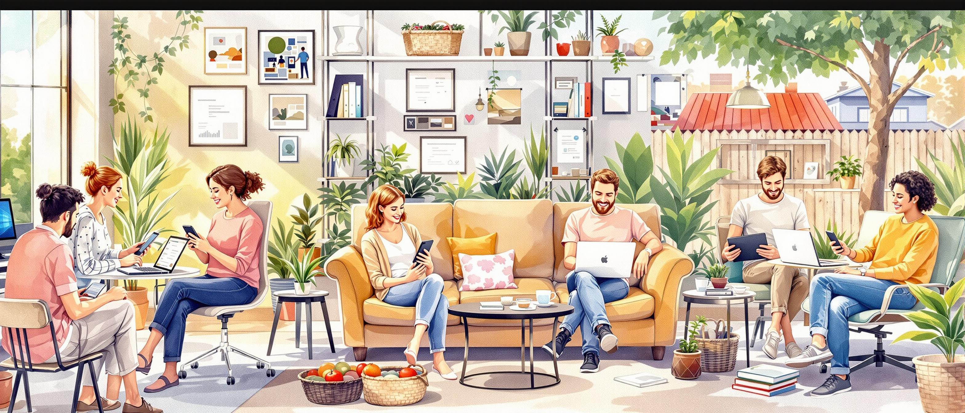 A harmonious watercolor scene showing diverse people of various ages using computers, smartphones, and tablets in different environments (at a desk, on a couch, outside), highlighting seamless multi-device internet access. The background shows subtle blends of home, office, and outdoor settings – informative, bright, and friendly mood.
