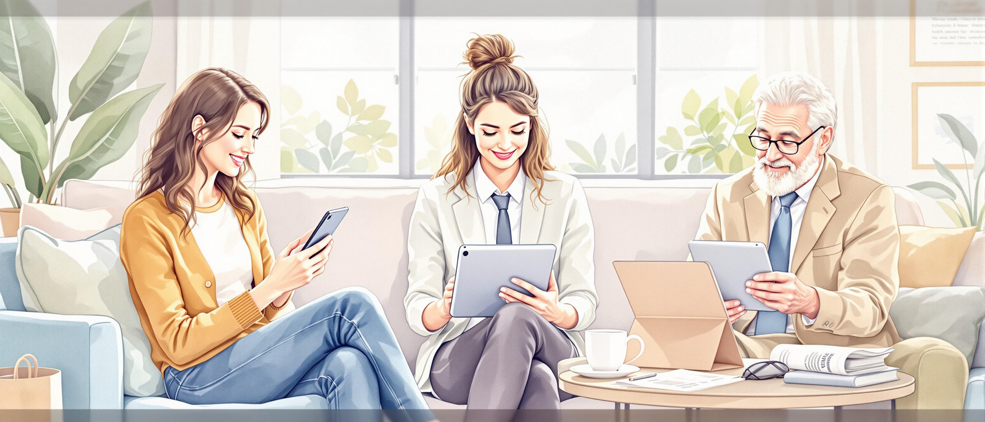 A soothing watercolor image showing satisfied users interacting with websites on different devices (phone, tablet, PC) in everyday life – a young woman shopping, a businessperson researching, and a senior browsing news. The setting conveys comfort, satisfaction, and positive user experience with a gentle, optimistic palette.