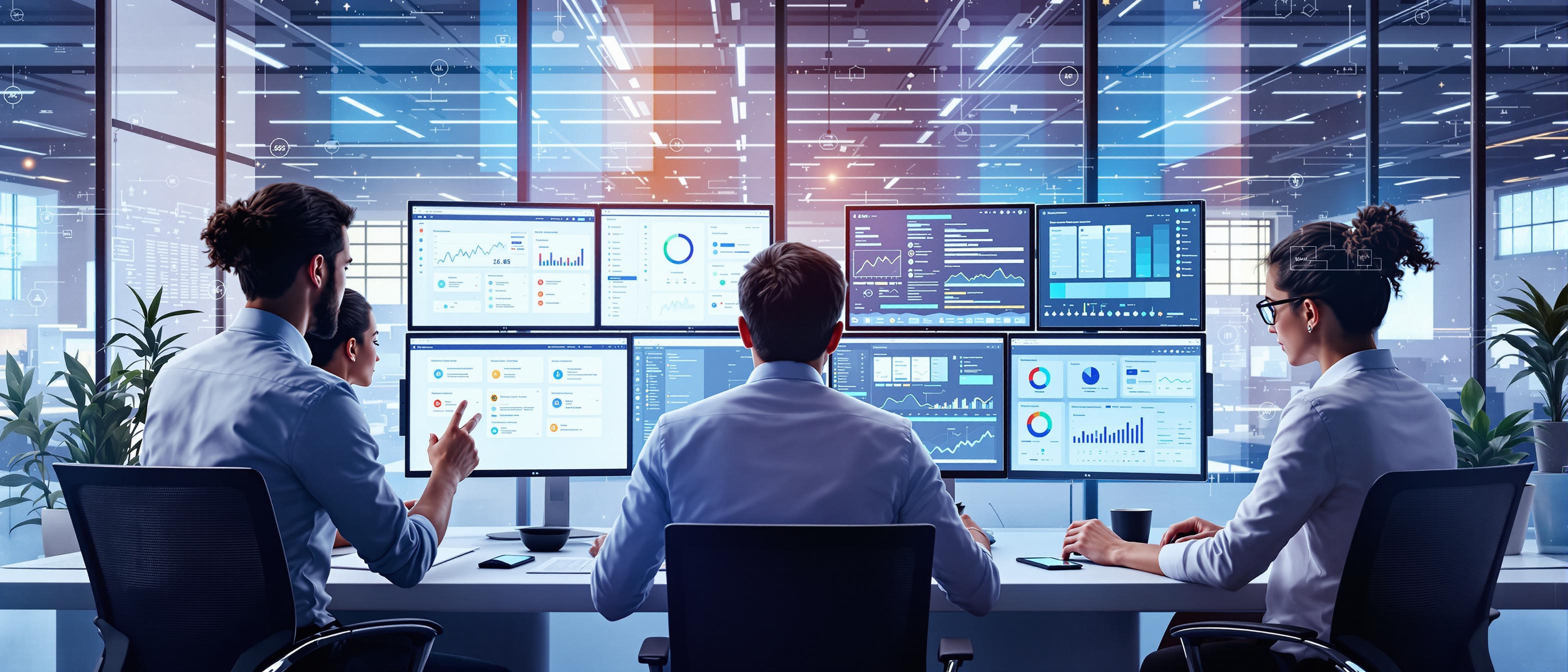 (Modern business professionals working together in a digital environment, analyzing CMS system options on multiple screens, clean futuristic office background, energetic and informative mood) [ai_art_hybrid]
