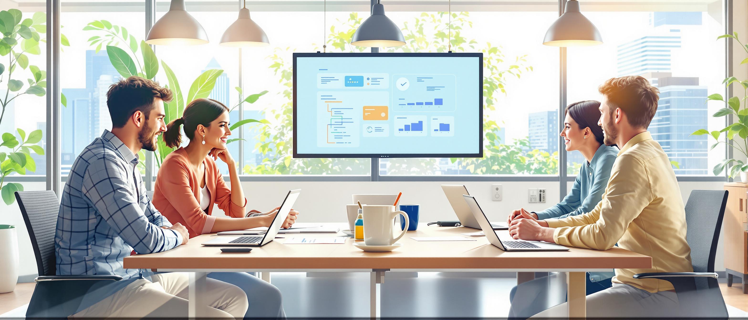 (Team collaborating on a CMS selection process, comparing features and discussing strategy around a meeting table with digital devices, bright atmosphere, organized and informative style) [ai_art_hybrid]