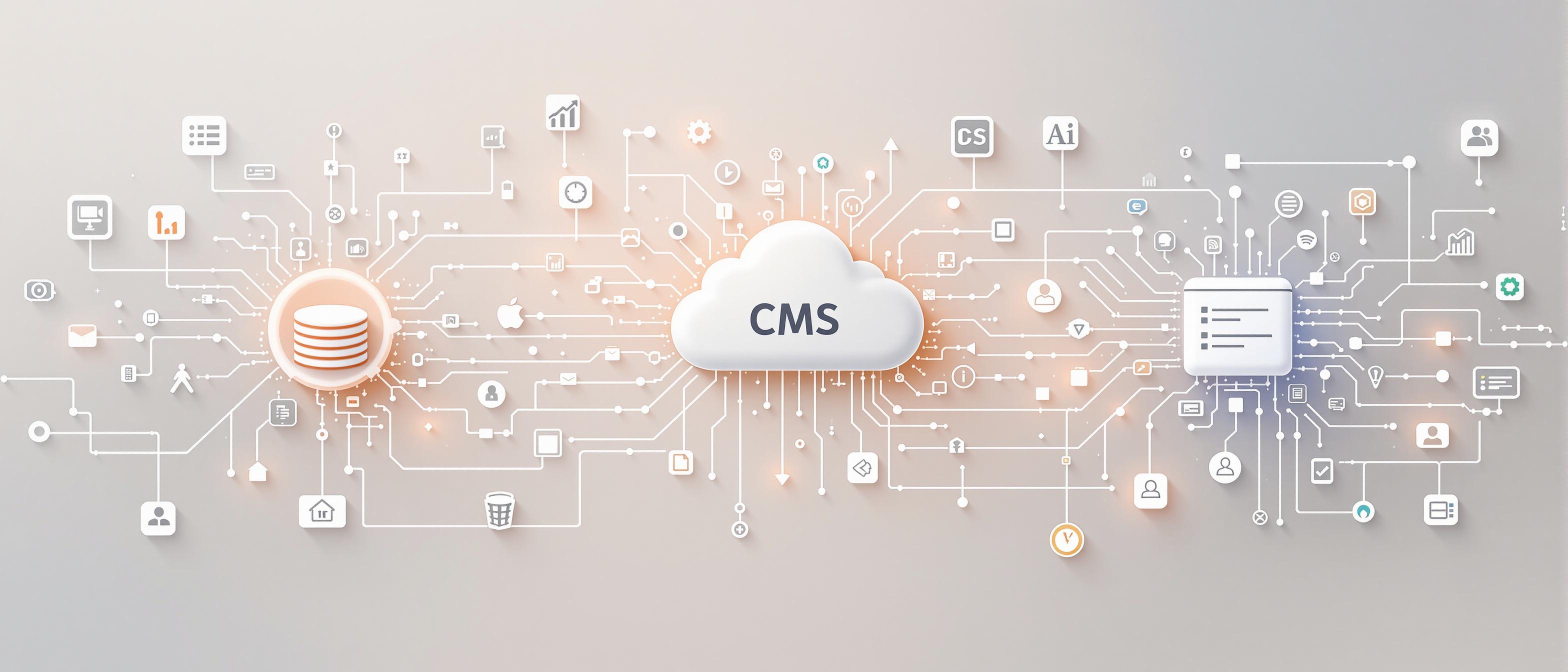 (Visualization of different CMS types: open-source, cloud-based, package-based, each symbolized by abstract digital icons interconnected, soft neutral background, informative and structured composition) [ai_art_hybrid]