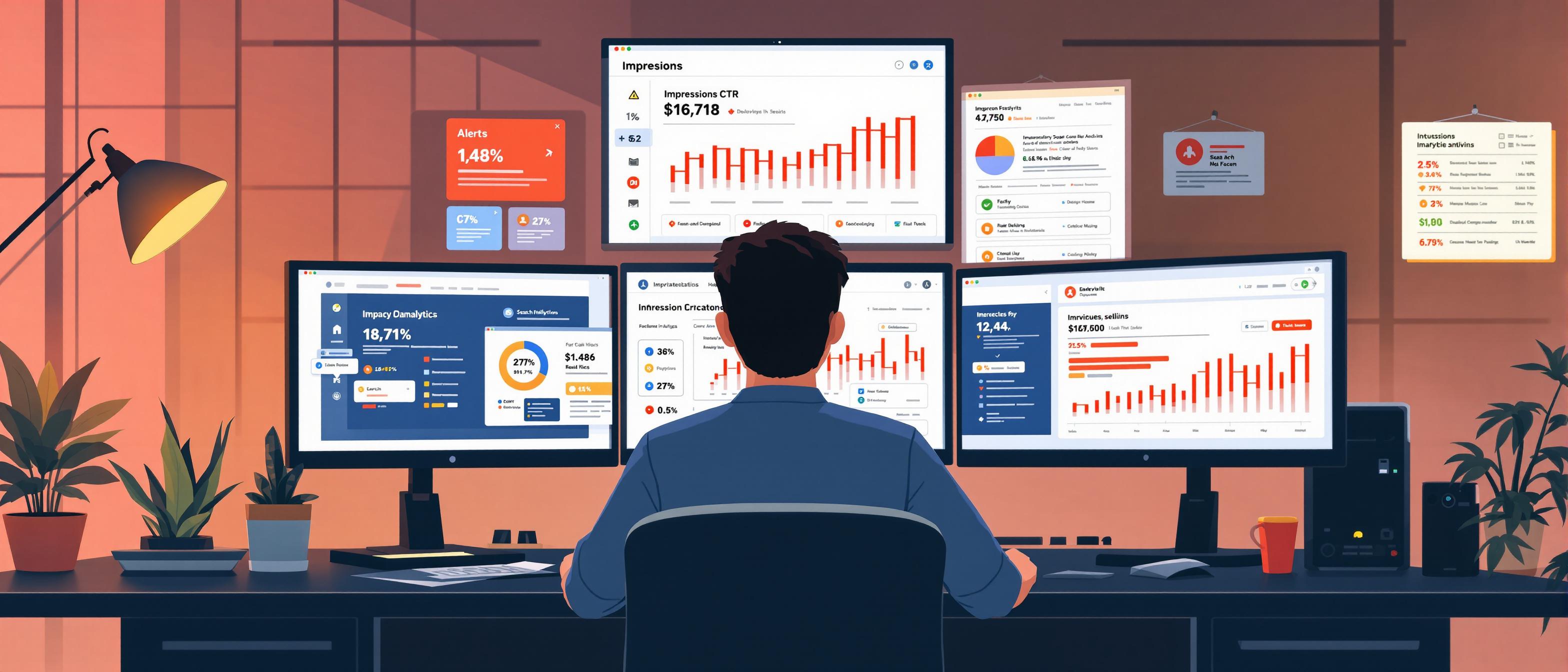 A modern informative ai_art_hybrid visualization showing a focused website administrator at a computer, tracking analytics on multiple monitor screens. The screens display graphical badges for impressions, CTR, search rankings, and alert notifications, conveying the ongoing process of measuring and optimizing rich results. The mood is analytical, the environment is a tidy, tech-driven office.