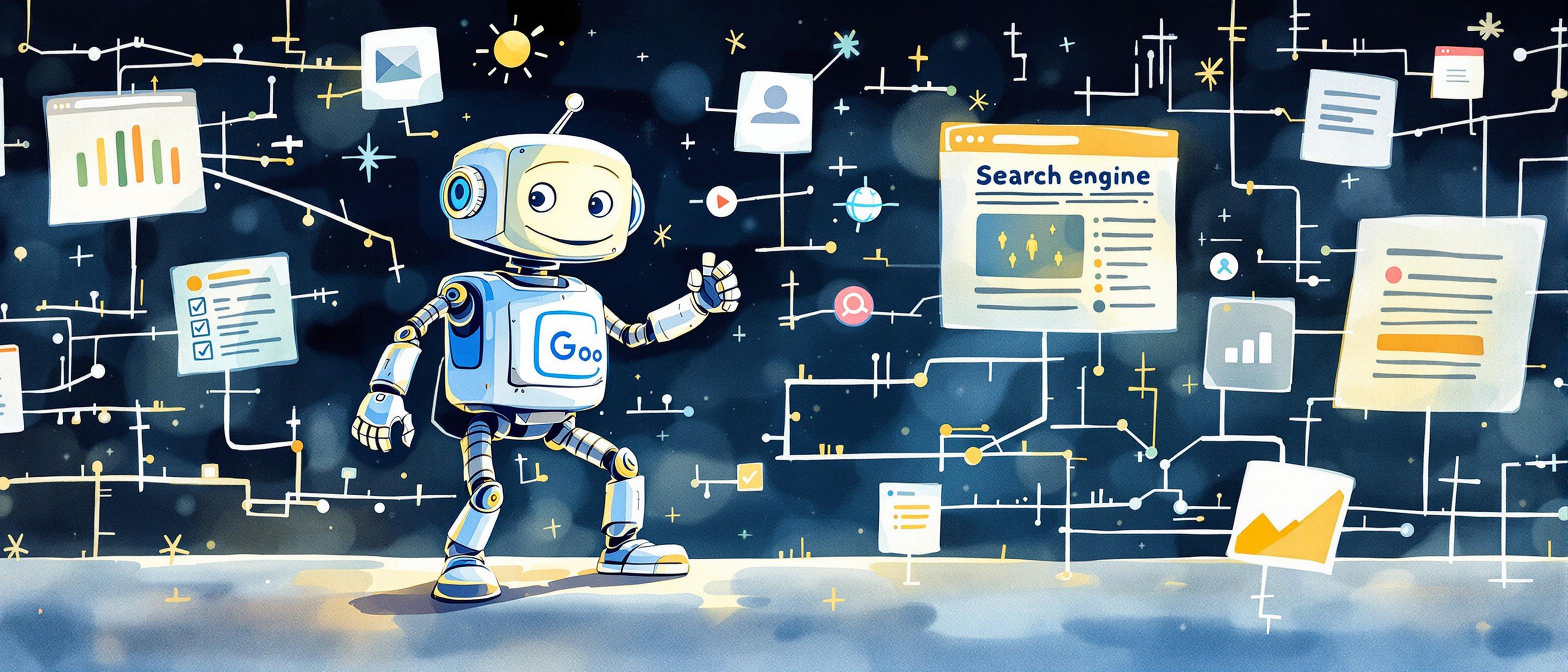 Informative watercolor illustration showing a search engine crawler (represented as a friendly robot) exploring interconnected web pages via visible links and pathways, with some pages highlighted to represent being indexed, set against a backdrop suggesting a digital network.