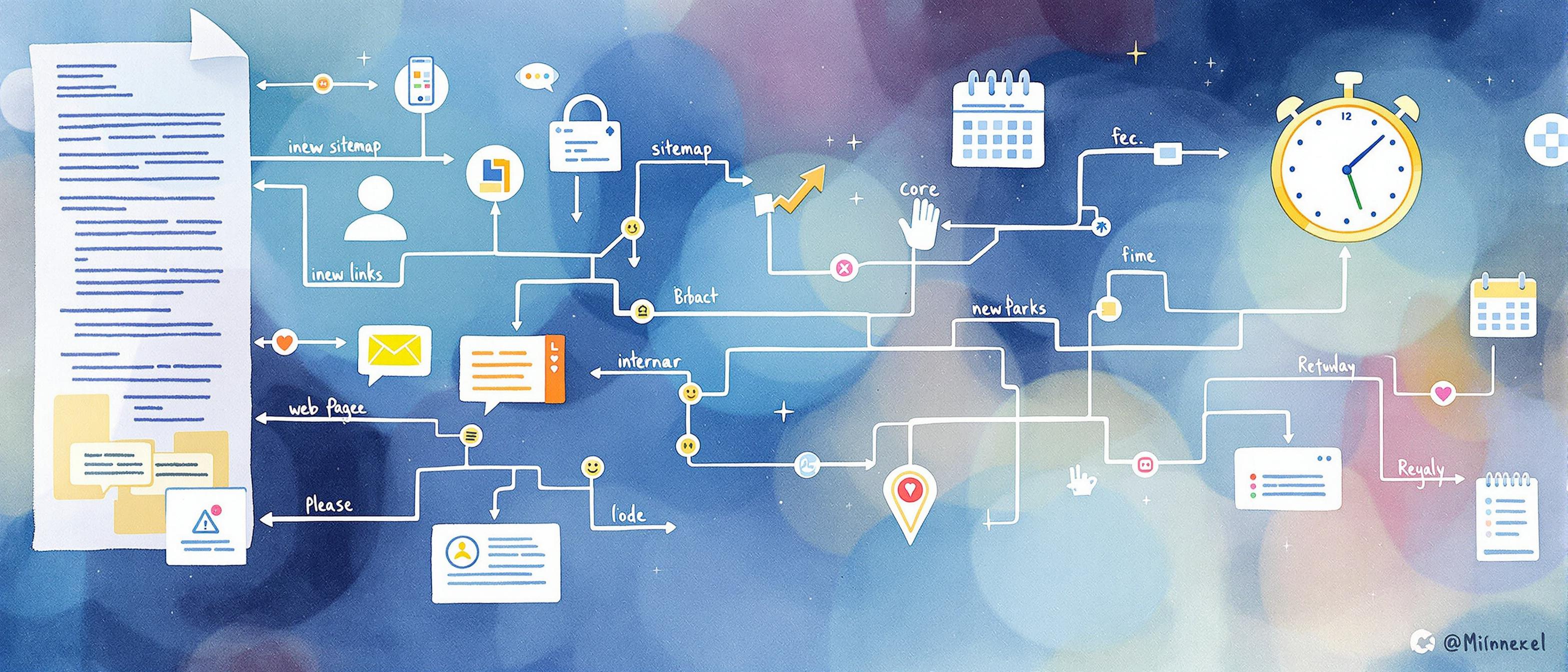 Informative watercolor illustration depicting the core techniques for index promotion: a neatly organized sitemap document, branching internal links connecting various web pages, and a calendar or clock symbolizing regular content updates, all integrated within a cohesive digital environment.