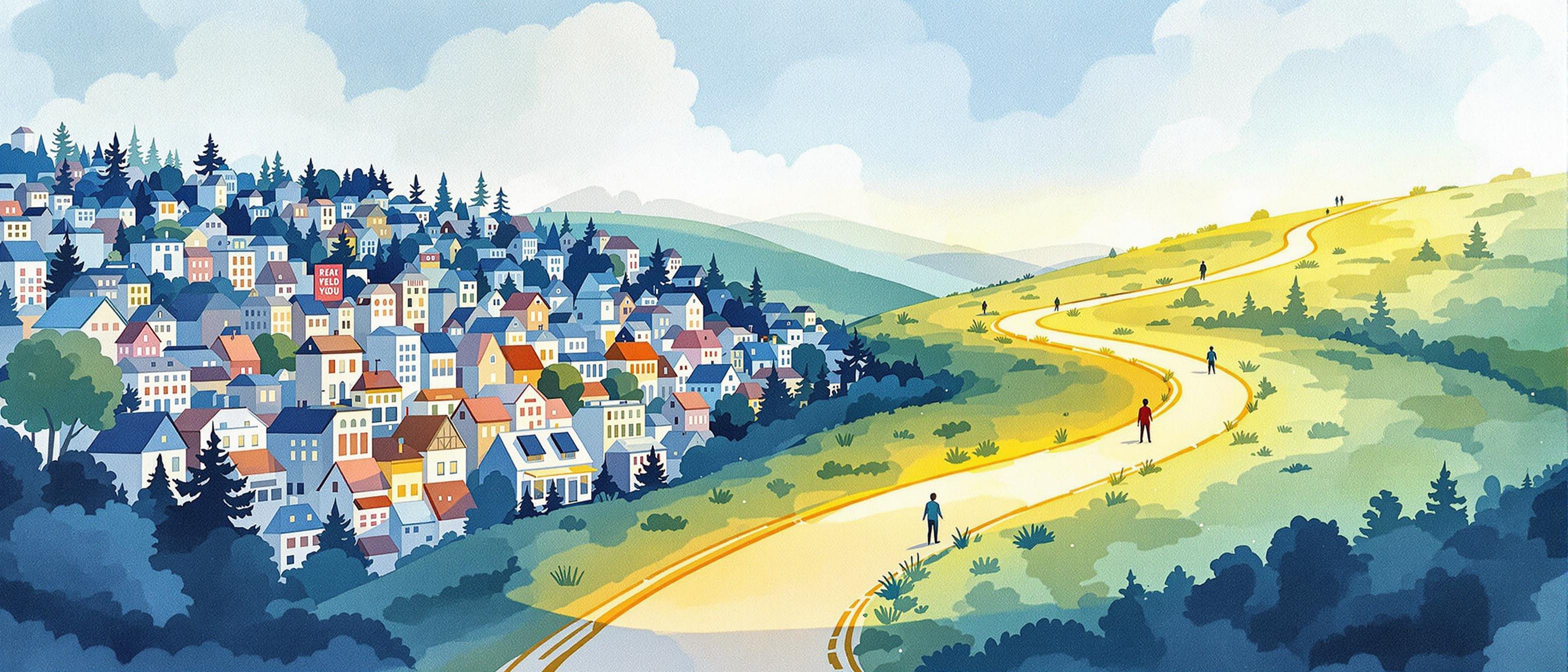 A watercolor image conveying successful business differentiation: two paths diverge in a landscape—one crowded with similar businesses, the other marked by a unique, brightly lit trail. The background merges subtle city and nature elements, symbolizing innovation and strategic growth. The mood is optimistic and forward-thinking.