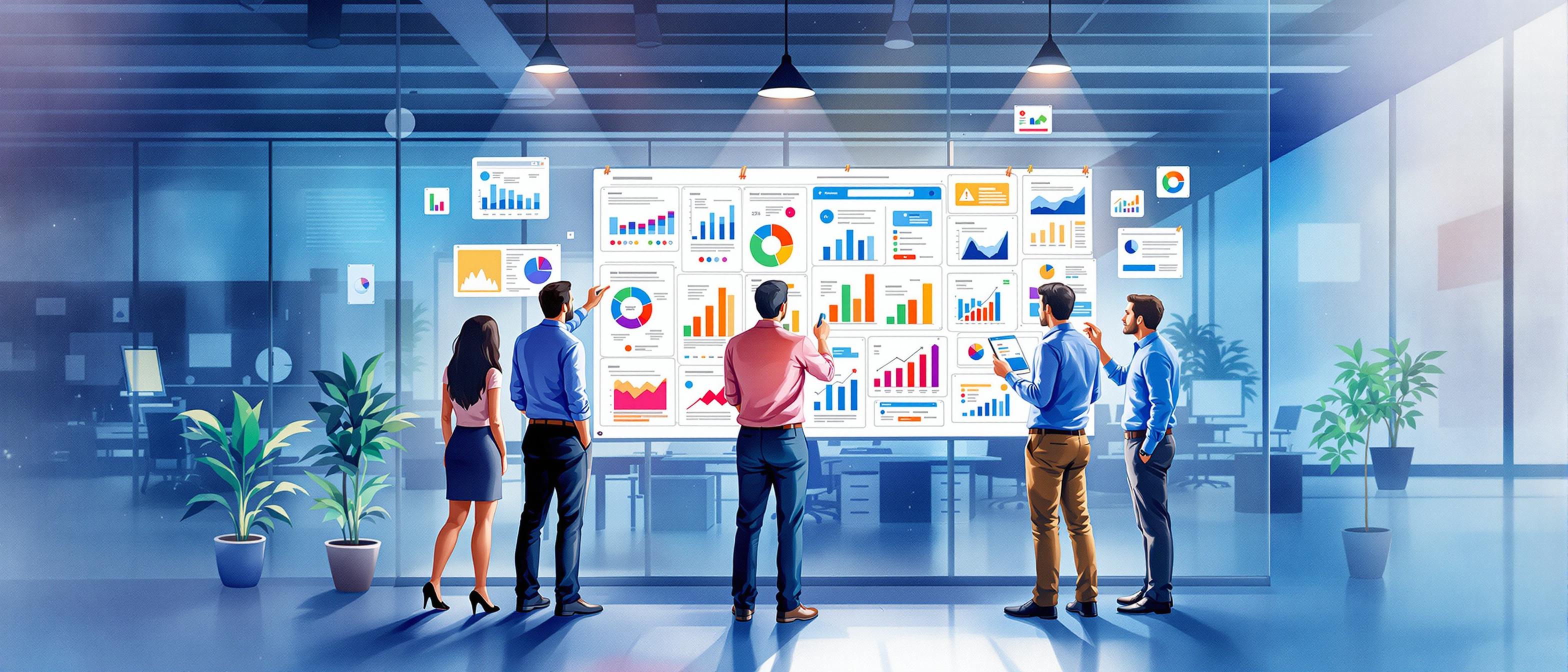 A watercolor illustration showing several business professionals analyzing colorful pie charts, bar graphs, and website screenshots pinned on a large board. Background features a digital office environment. The mood is focused and collaborative, visually representing competitive website analysis and strategy formulation.