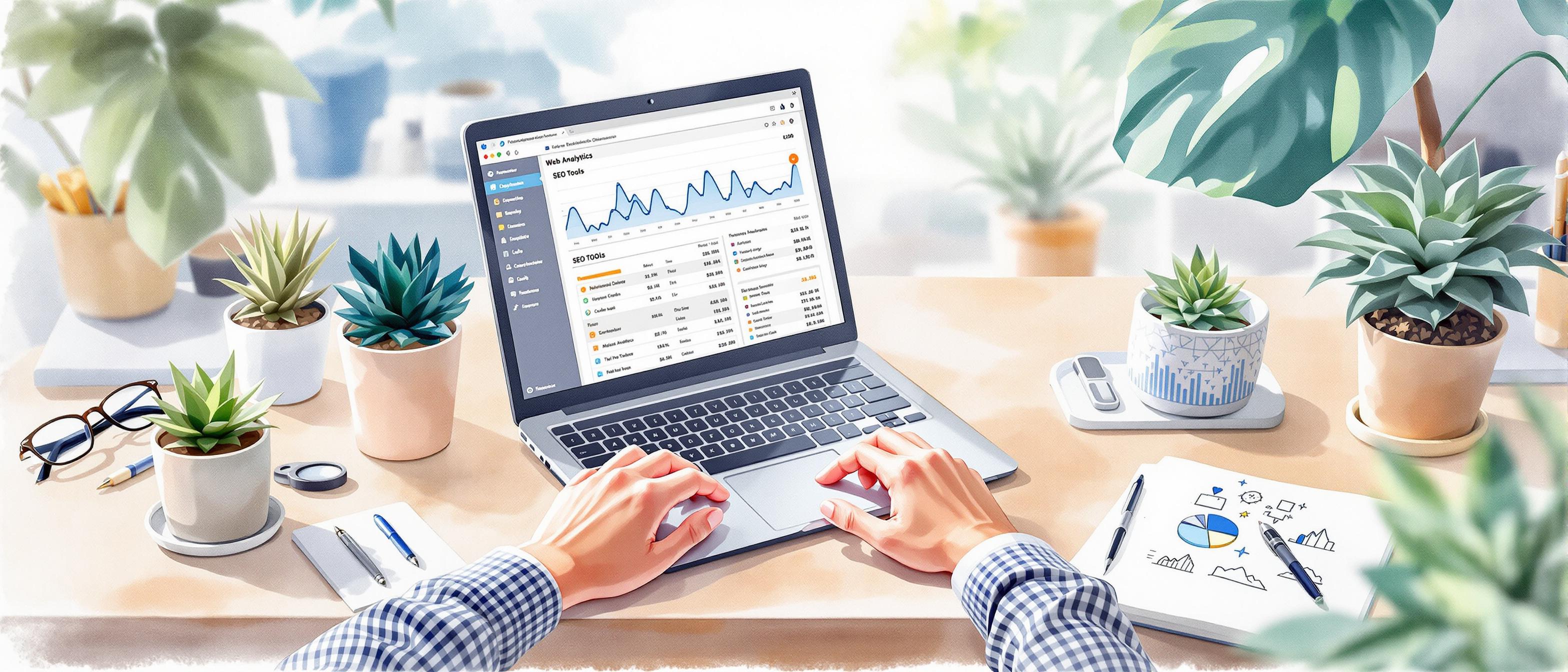 A watercolor scene depicting a serene, inviting workspace with a laptop open to a web analytics dashboard and SEO tools. The desk has potted plants, stationery, and a notepad with abstract data sketches. Background is softly blended office elements, evoking clarity and efficiency.